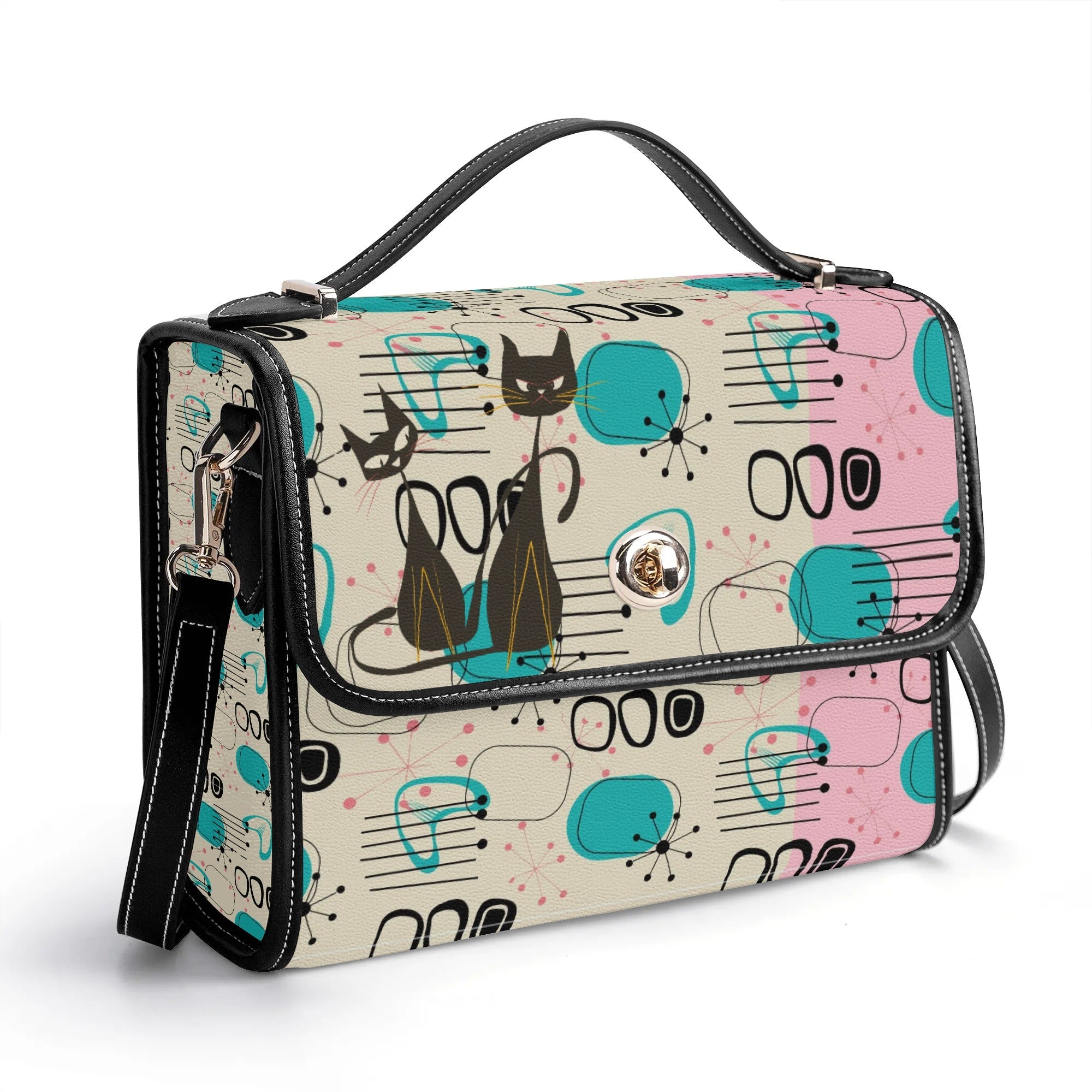 Kate McEnroe New York Mid Century Modern Atomic Cat Satchel, Retro Pink, Turquoise, and Black PU Leather HandbagHandbagsN953785Y - 1