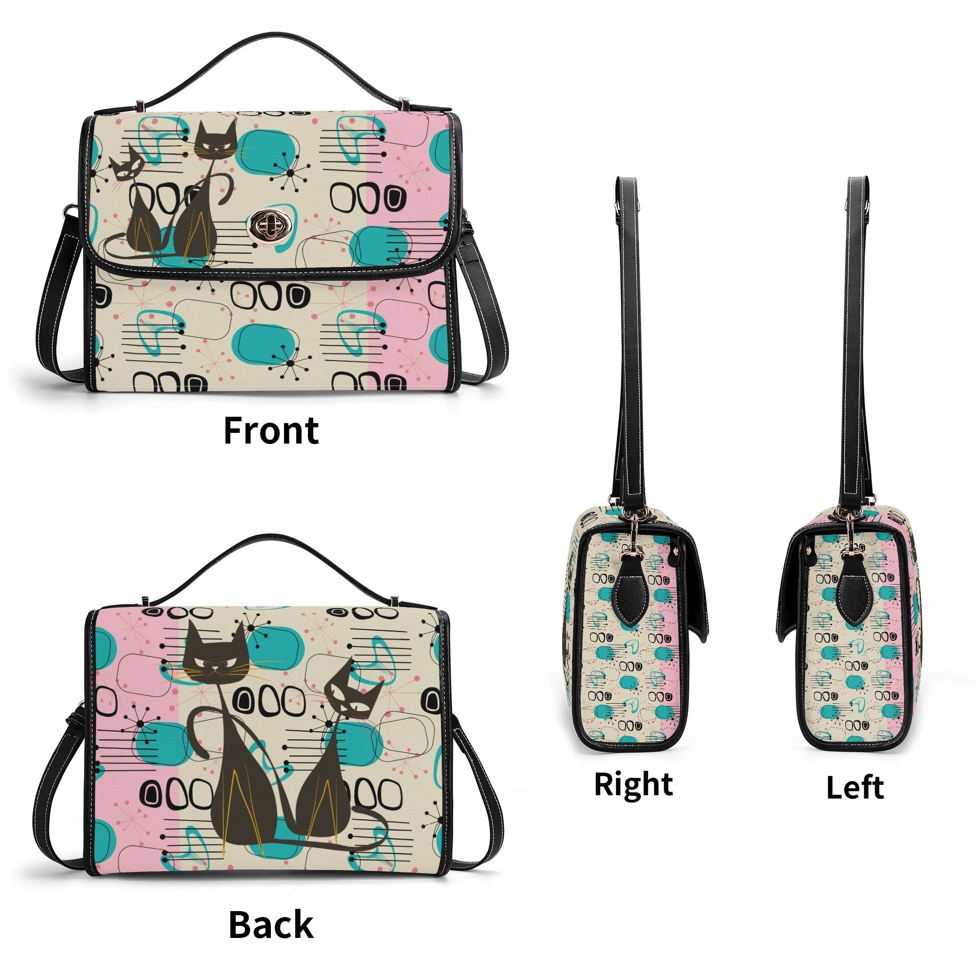 Kate McEnroe New York Mid Century Modern Atomic Cat Satchel, Retro Pink, Turquoise, and Black PU Leather HandbagHandbagsN953785Y - 1