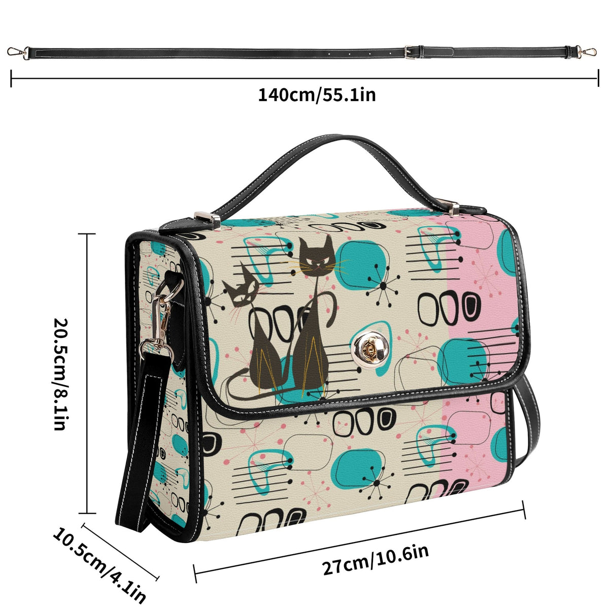 Kate McEnroe New York Mid Century Modern Atomic Cat Satchel, Retro Pink, Turquoise, and Black PU Leather HandbagHandbagsN953785Y - 1