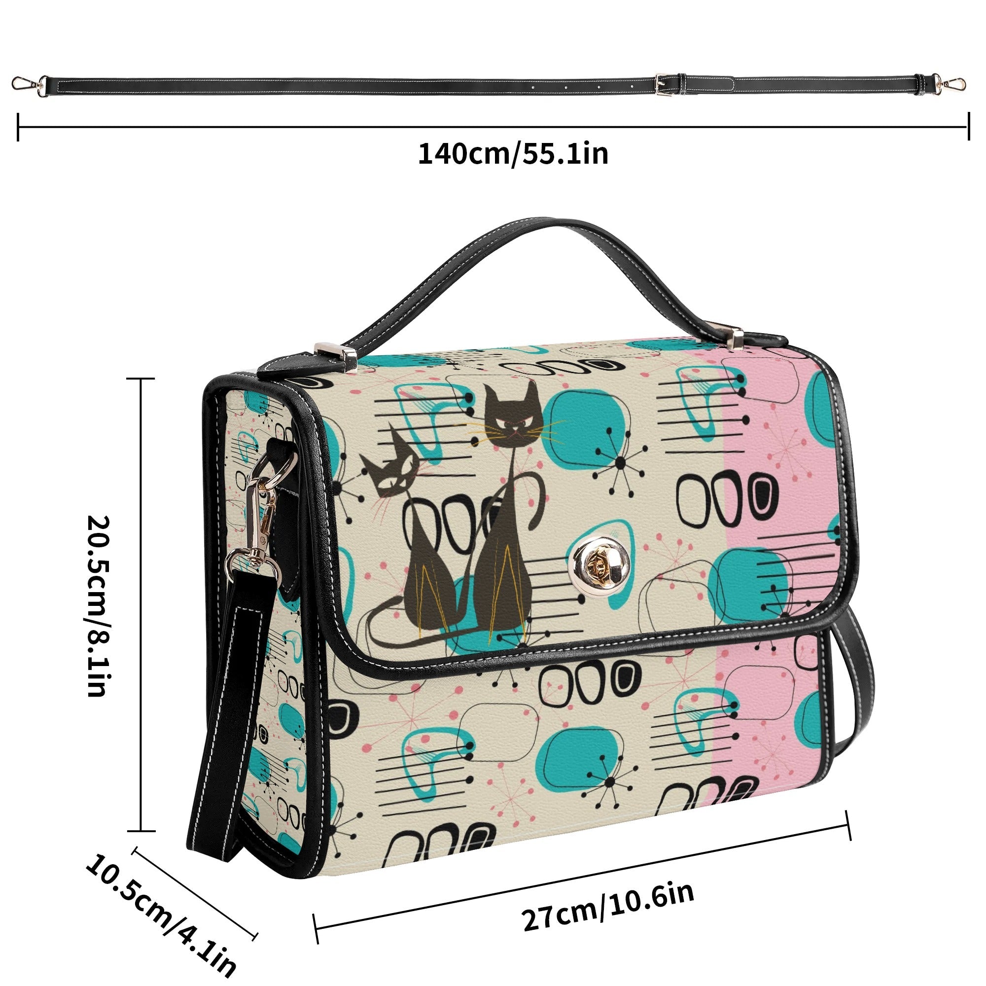 Kate McEnroe New York Mid Century Modern Atomic Cat Satchel, Retro Pink, Turquoise, and Black PU Leather HandbagHandbagsN953785Y - 1