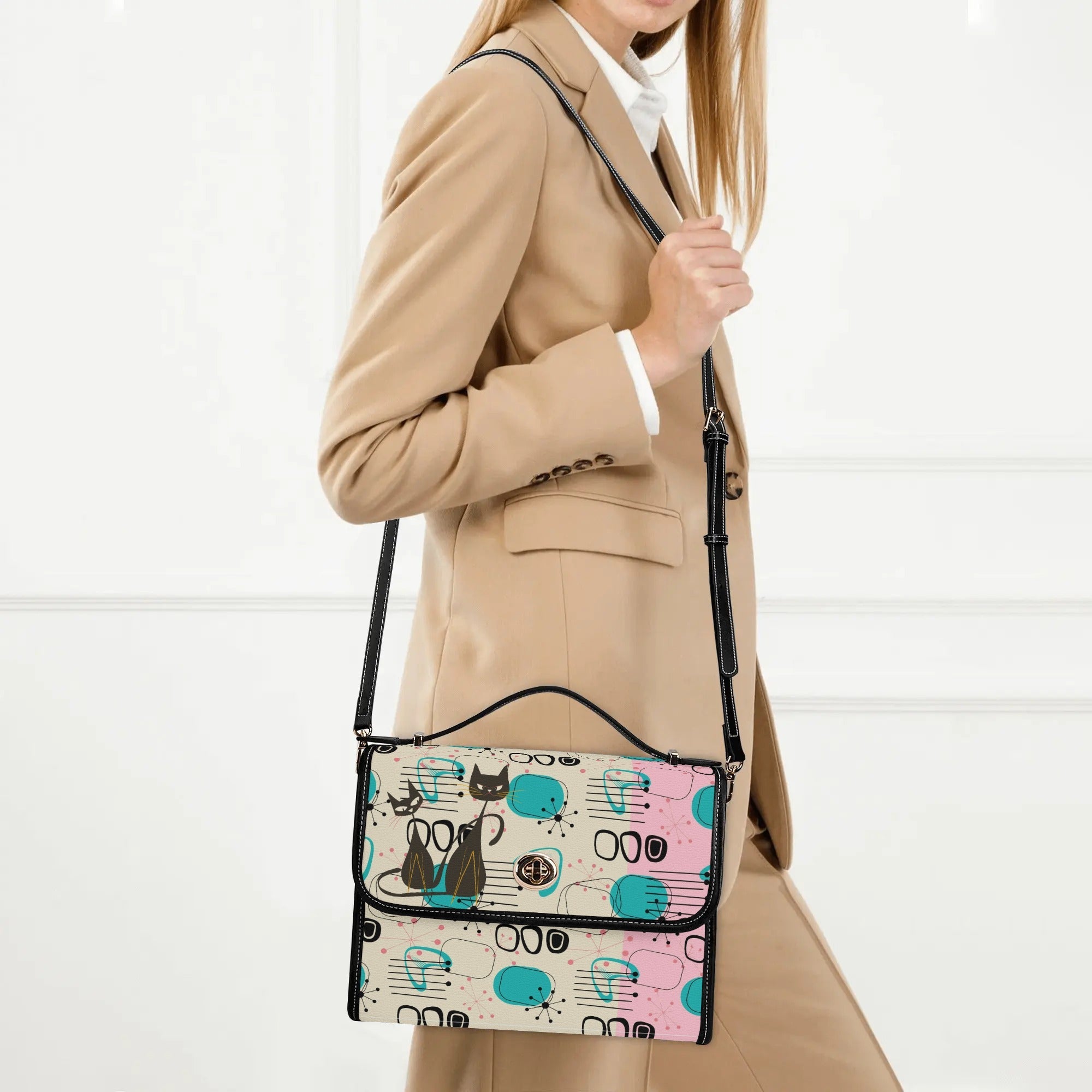 Kate McEnroe New York Mid Century Modern Atomic Cat Satchel, Retro Pink, Turquoise, and Black PU Leather HandbagHandbagsN953785Y - 1