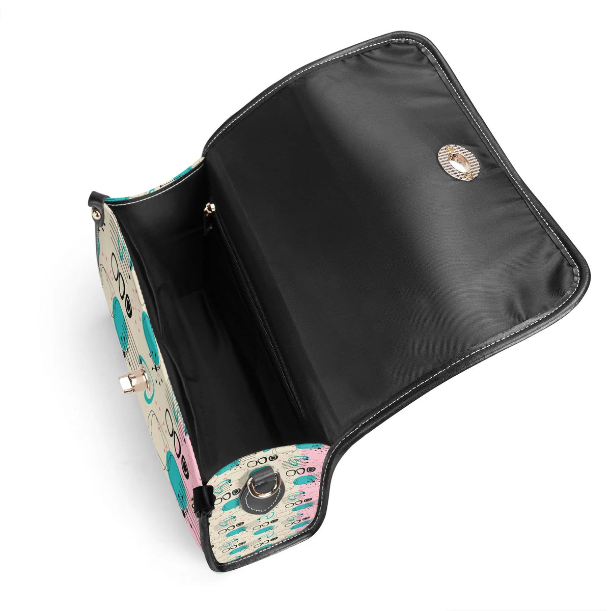 Kate McEnroe New York Mid Century Modern Atomic Cat Satchel, Retro Pink, Turquoise, and Black PU Leather HandbagHandbagsN953785Y - 1