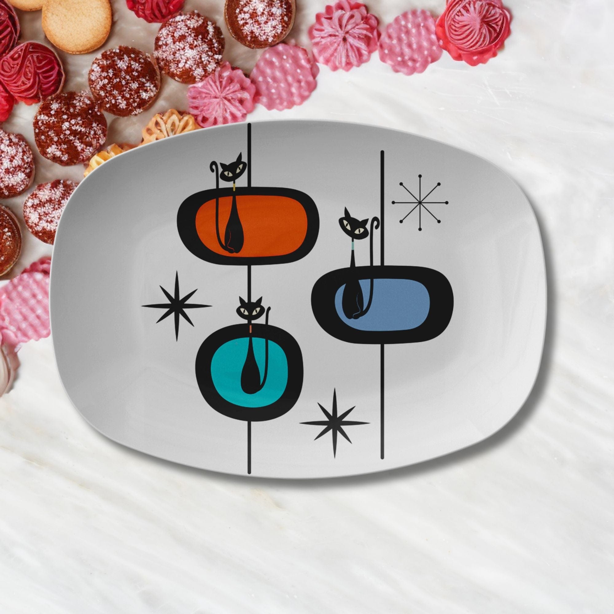 Kate McEnroe New York Mid Century Modern Atomic Cat Serving Platter, Retro Vintage Starburst Decor, Chic 1950s Dining Tableware, MCM Kitchen DecorServing PlattersP23 - WAC - OVL - 5