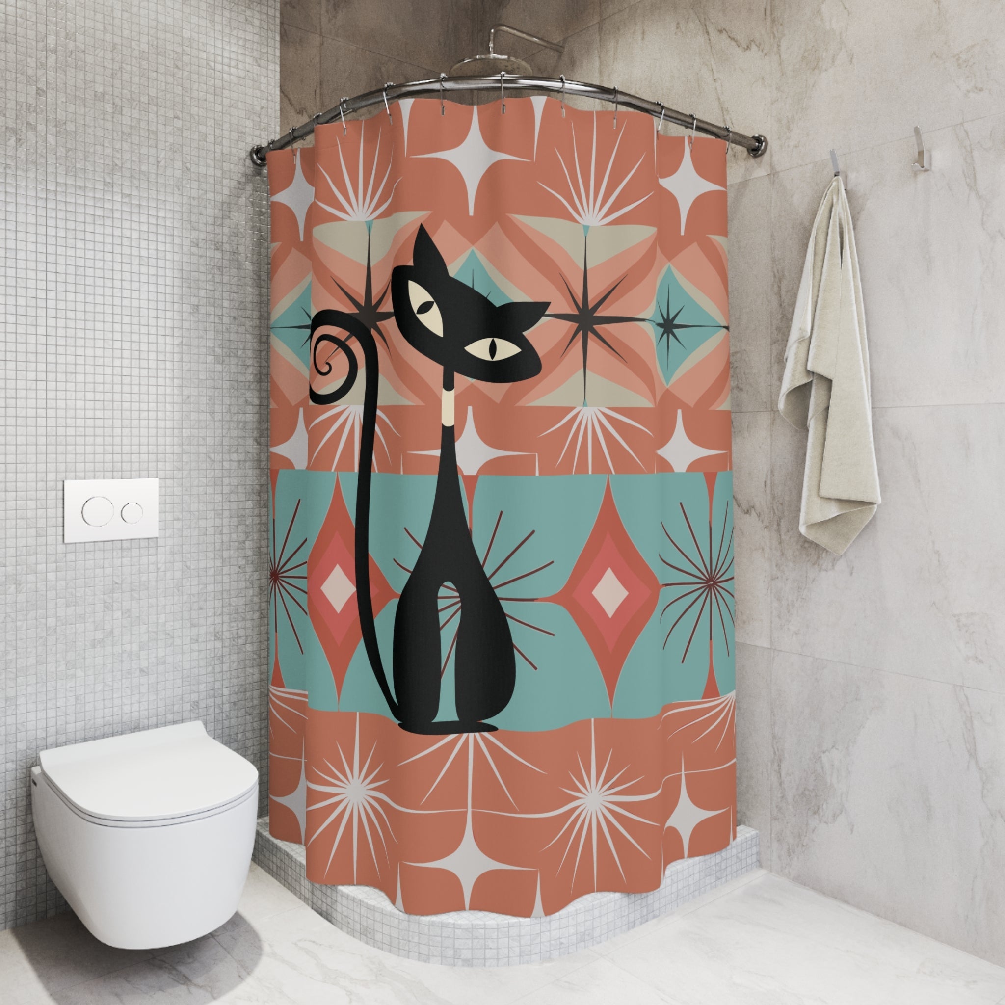 Kate McEnroe New York Mid Century Modern Atomic Cat Shower Curtain, Retro Teal and Orange 1950s Design, Vintage Style Bathroom Decor AccentShower Curtains33140009980400852966