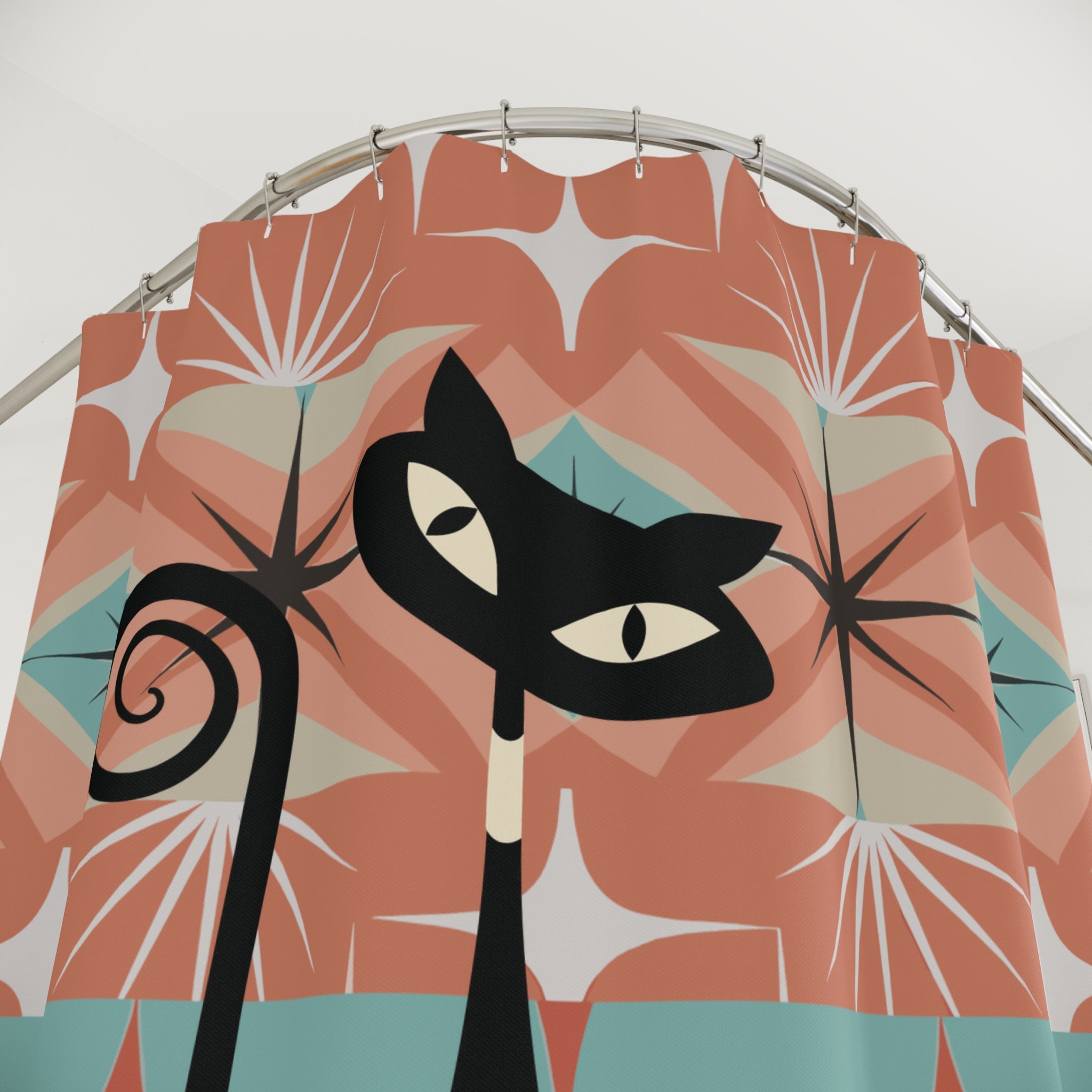 Kate McEnroe New York Mid Century Modern Atomic Cat Shower Curtain, Retro Teal and Orange 1950s Design, Vintage Style Bathroom Decor AccentShower Curtains33140009980400852966
