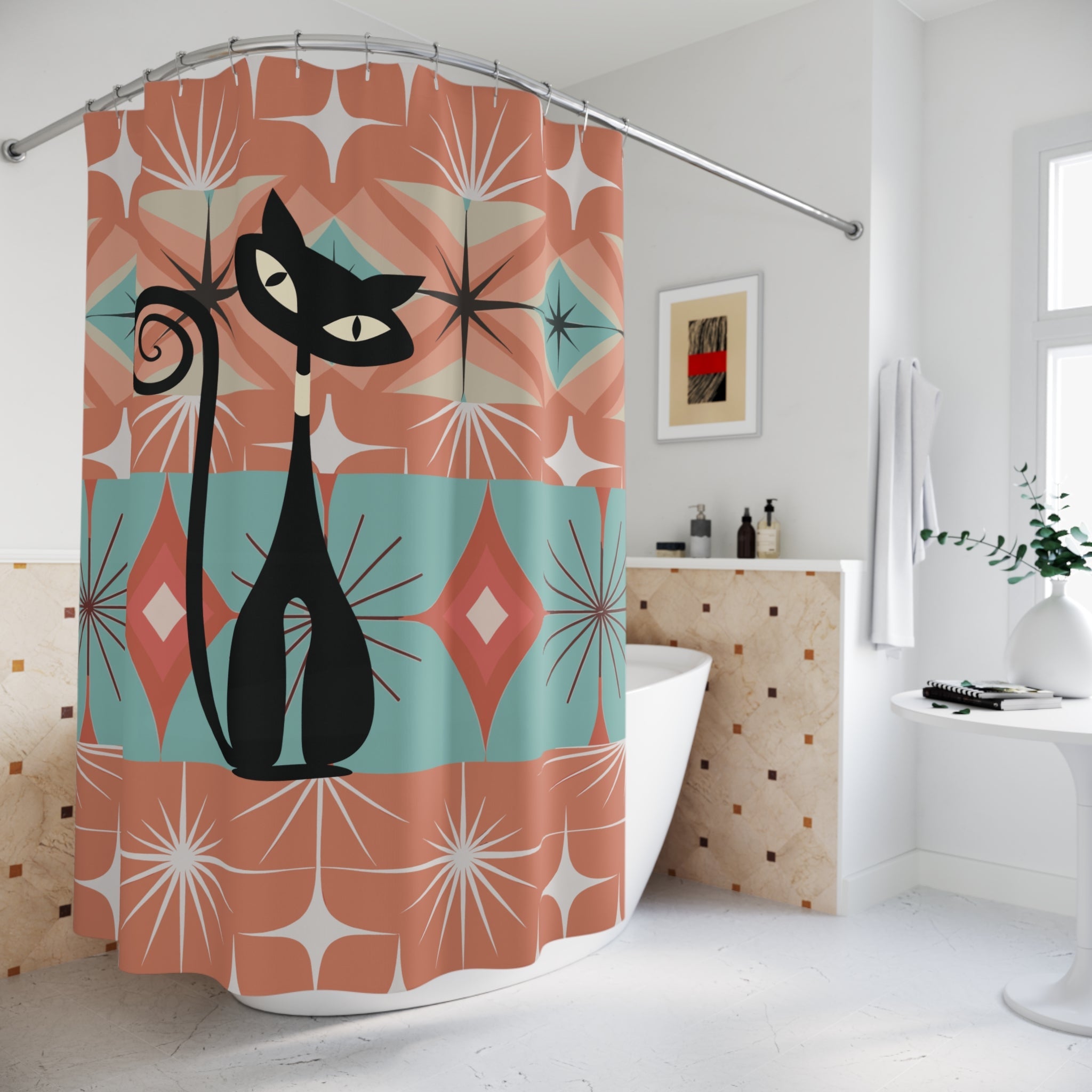 Kate McEnroe New York Mid Century Modern Atomic Cat Shower Curtain, Retro Teal and Orange 1950s Design, Vintage Style Bathroom Decor AccentShower Curtains33140009980400852966