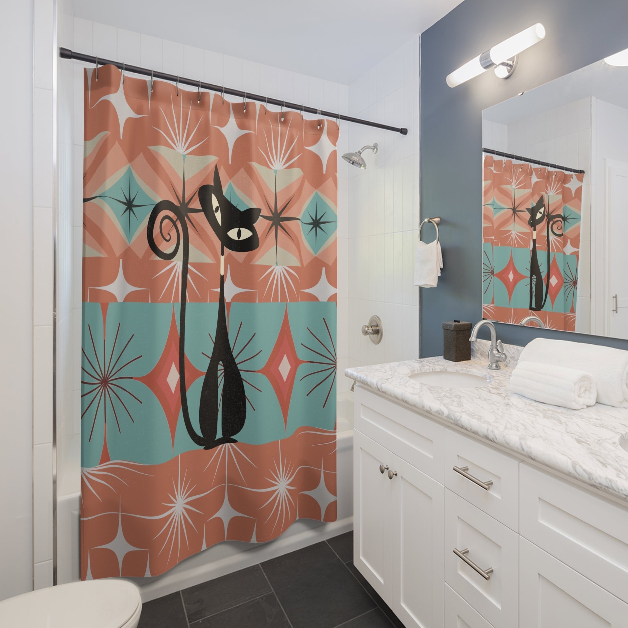 Kate McEnroe New York Mid Century Modern Atomic Cat Shower Curtain, Retro Teal and Orange 1950s Design, Vintage Style Bathroom Decor AccentShower Curtains33140009980400852966