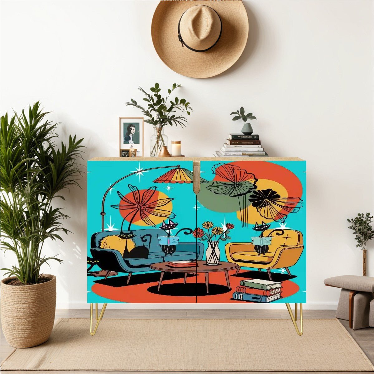 Kate McEnroe New York Mid Century Modern Atomic Cat Storage Cabinet, Retro Starburst Book Lounge Scene, 50s Kitsch Accent FurnitureStorage CabinetsDWHAv0ZjY1