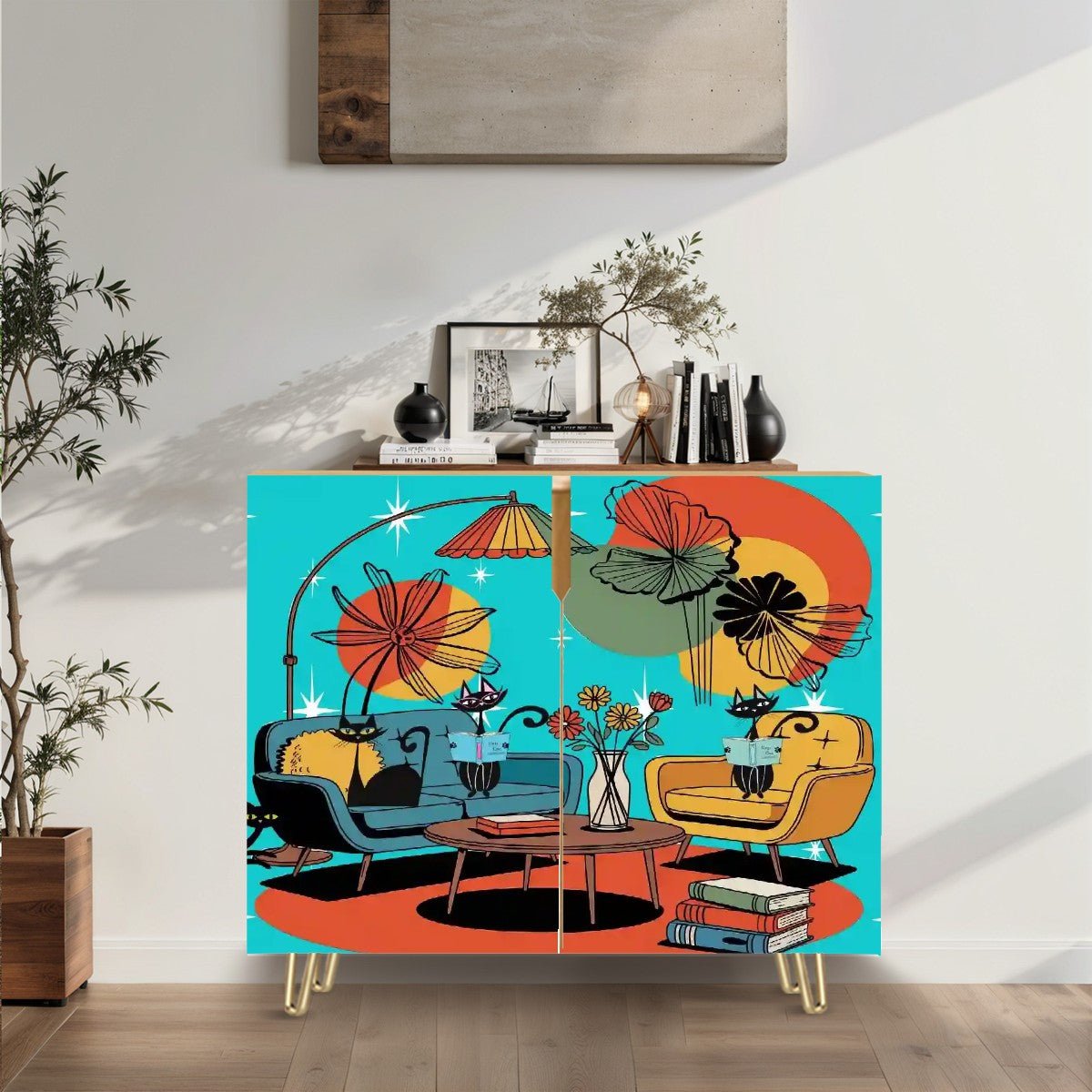 Kate McEnroe New York Mid Century Modern Atomic Cat Storage Cabinet, Retro Starburst Book Lounge Scene, 50s Kitsch Accent FurnitureStorage CabinetsDWHAv0ZjY1
