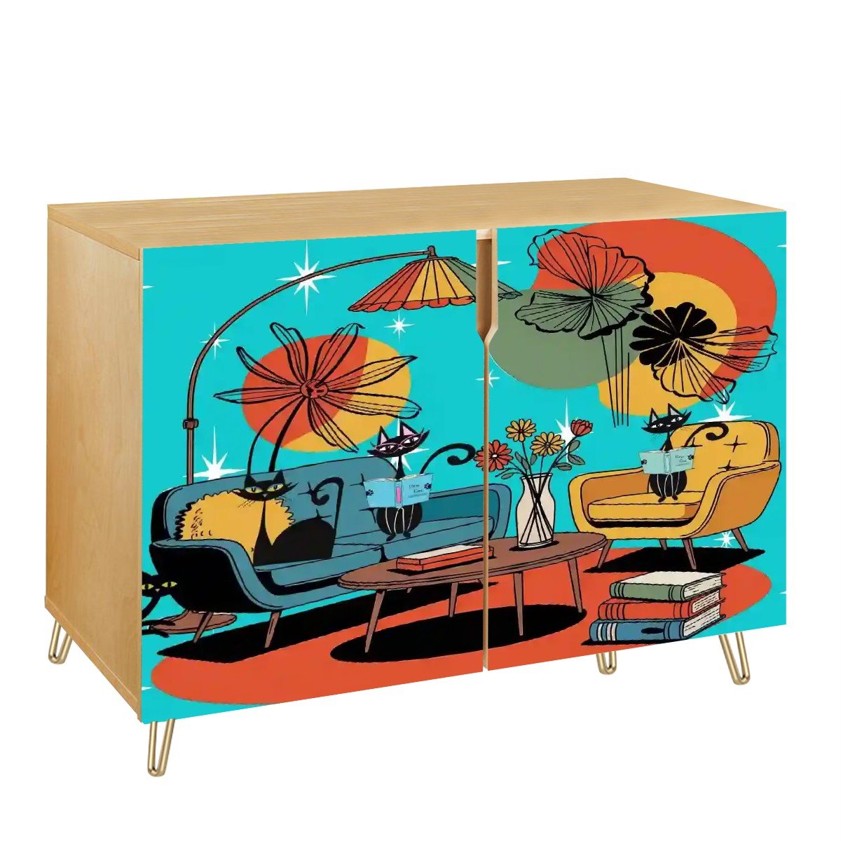 Kate McEnroe New York Mid Century Modern Atomic Cat Storage Cabinet, Retro Starburst Book Lounge Scene, 50s Kitsch Accent FurnitureStorage CabinetsDWHAv0ZjY1