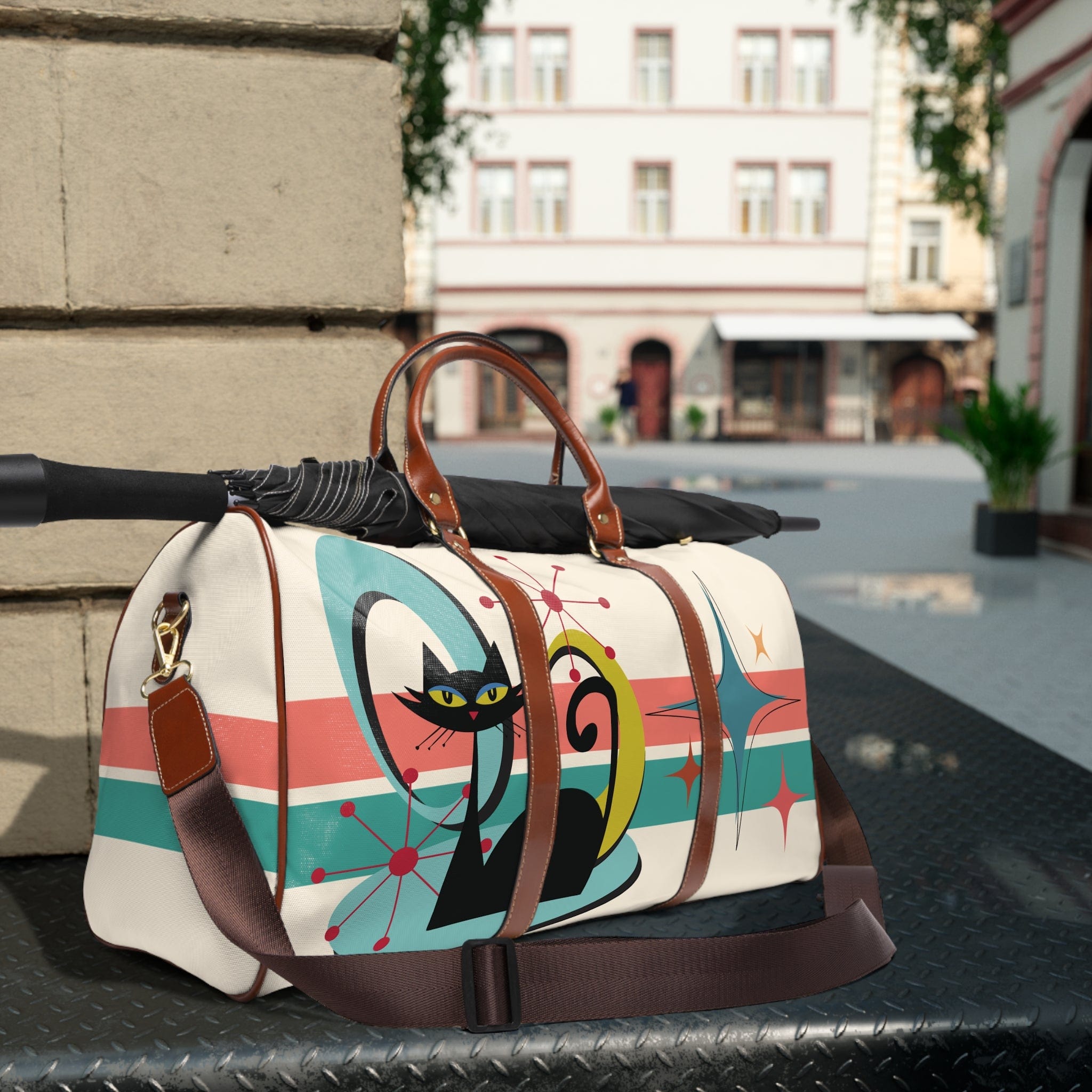 Kate McEnroe New York Mid Century Modern Atomic Cat Travel Bag, Retro Starburst Weekender, MCM Style DuffelDuffel Bags21450168640017268263