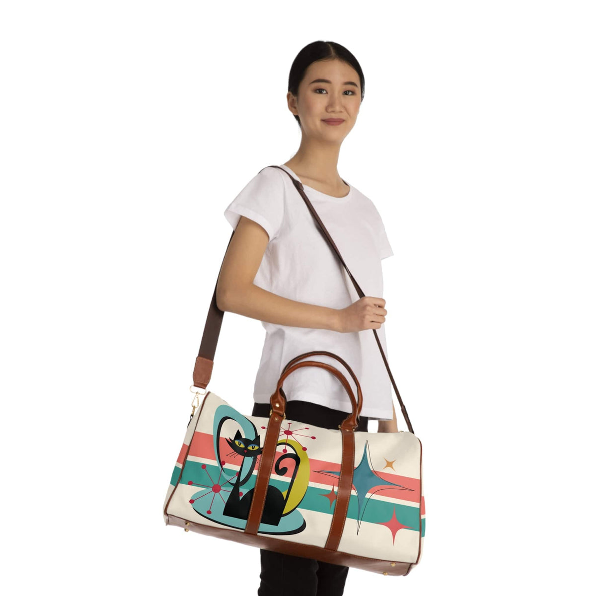 Kate McEnroe New York Mid Century Modern Atomic Cat Travel Bag, Retro Starburst Weekender, MCM Style DuffelDuffel Bags21450168640017268263