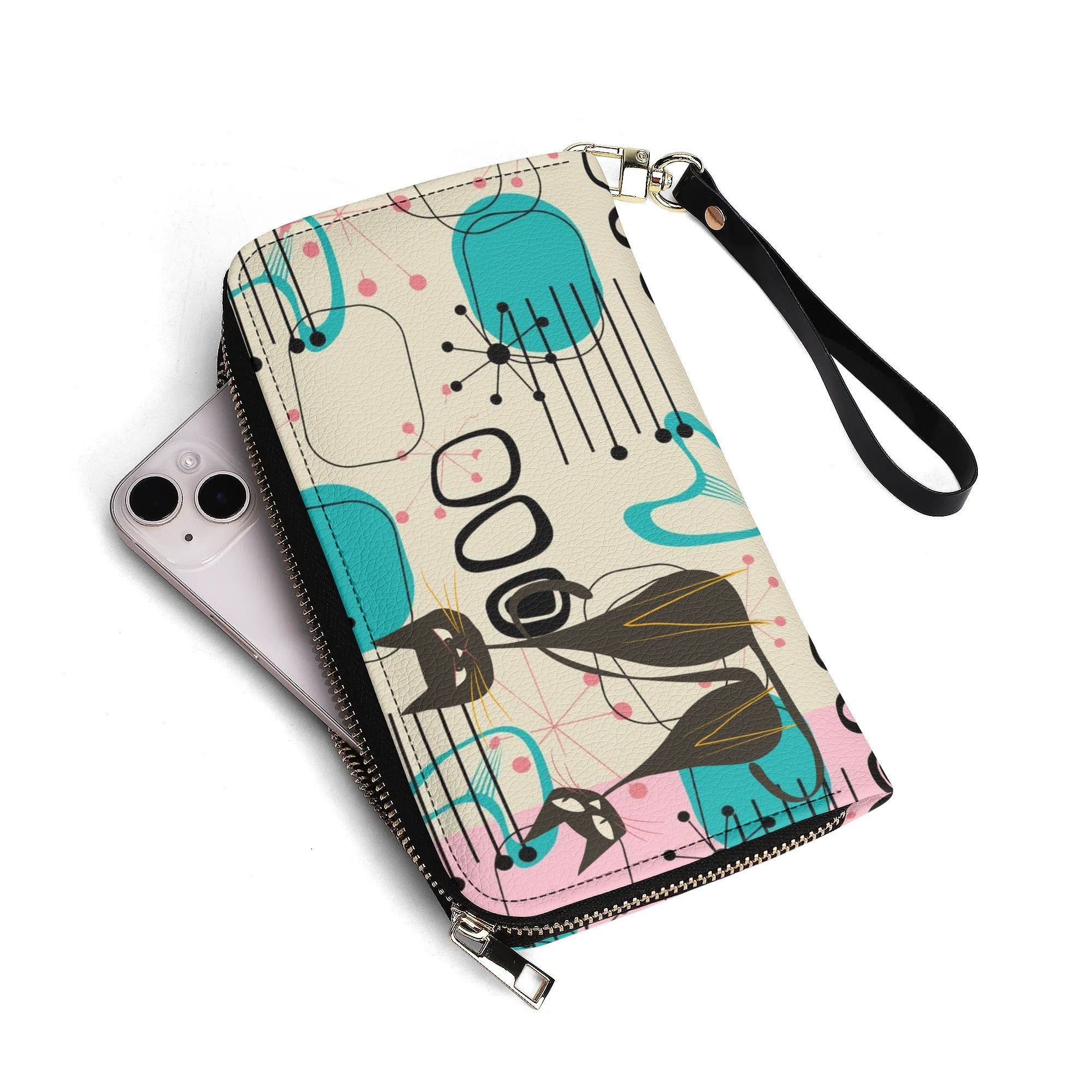 Kate McEnroe New York Mid Century Modern Atomic Cat Wallet, Retro Pink, Turquoise, and Black Leather AccessoryWalletsW06LEL3W - 1
