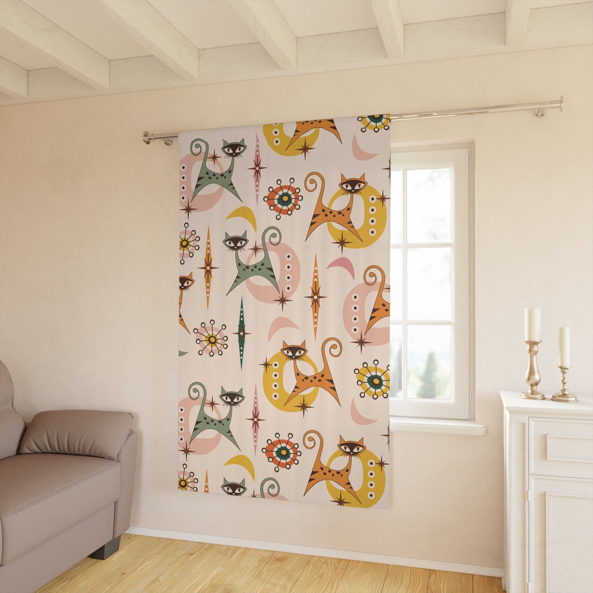 Kate McEnroe New York Mid Century Modern Atomic Cat Window Curtain, Retro Kitty Design, Vintage 50s Vibe, Groovy Drapery Panel, Atomic Age Whimsical DecorWindow Curtains77652924177098642847