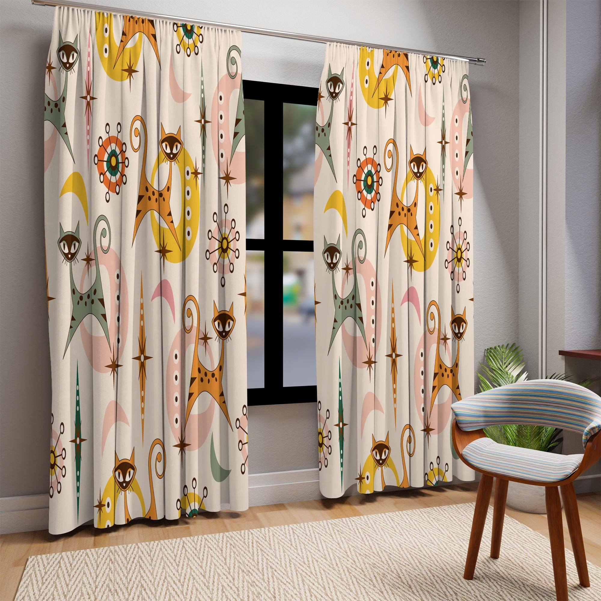 Kate McEnroe New York Mid Century Modern Atomic Cat Window Curtain, Retro Kitty Design, Vintage 50s Vibe, Groovy Drapery Panel, Atomic Age Whimsical DecorWindow Curtains77652924177098642847