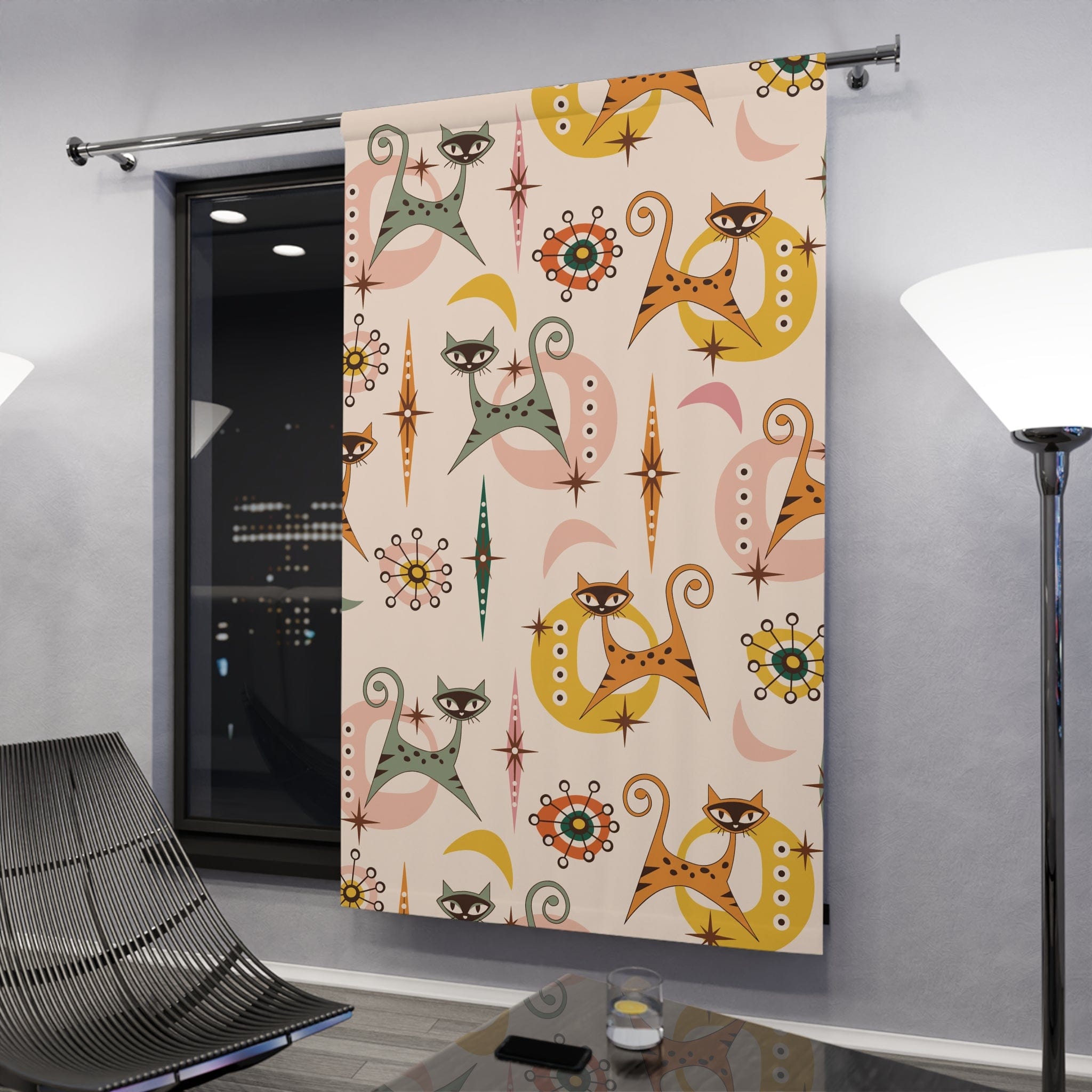 Kate McEnroe New York Mid Century Modern Atomic Cat Window Curtain, Retro Kitty Design, Vintage 50s Vibe, Groovy Drapery Panel, Atomic Age Whimsical DecorWindow Curtains77652924177098642847