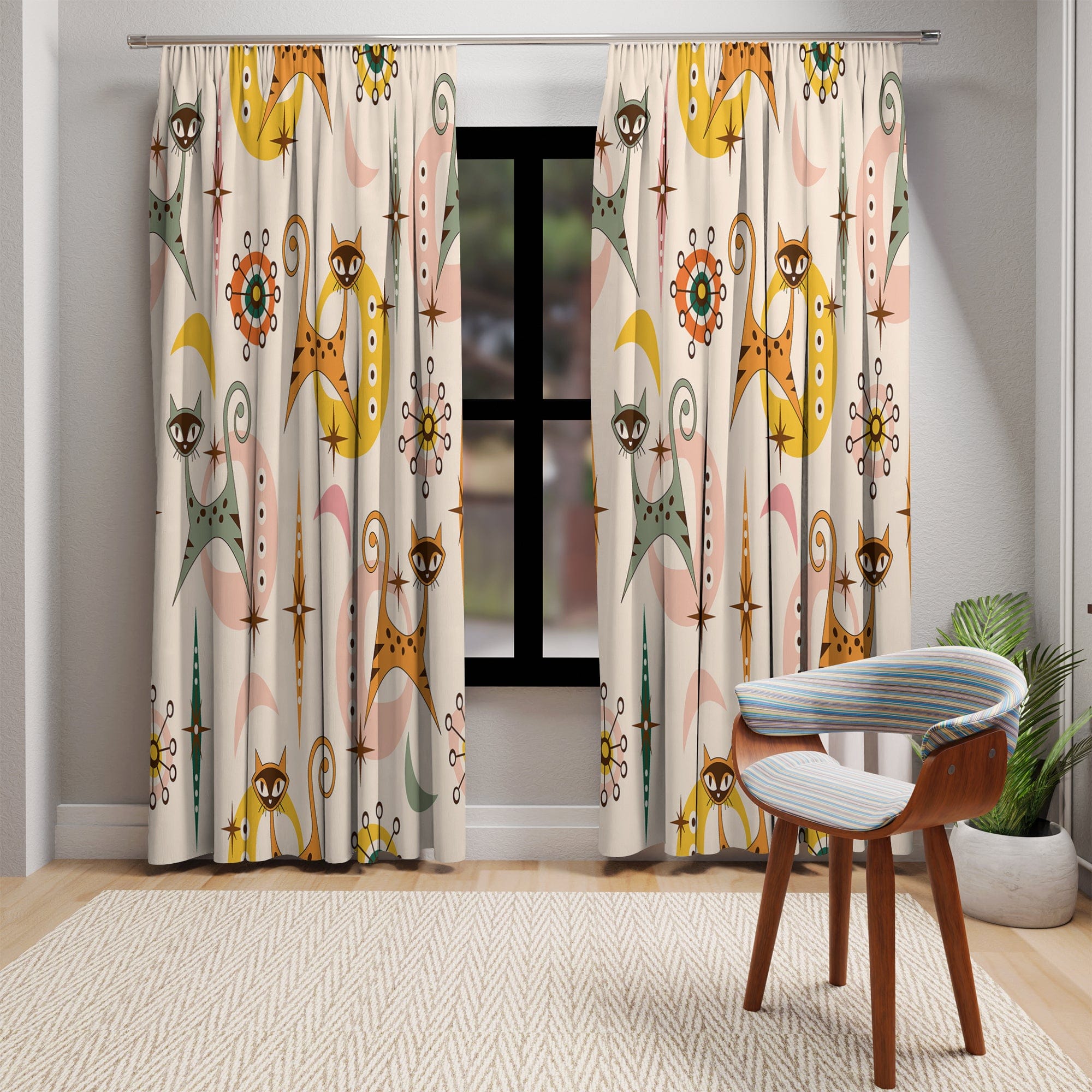 Kate McEnroe New York Mid Century Modern Atomic Cat Window Curtain, Retro Kitty Design, Vintage 50s Vibe, Groovy Drapery Panel, Atomic Age Whimsical DecorWindow Curtains77652924177098642847