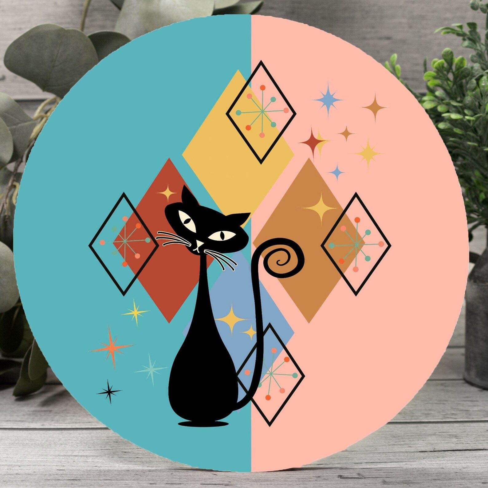 Kate McEnroe New York Mid Century Modern Atomic Cat Wood Sign, Retro Starburst Welcome Plaque 12" (Round)Door HangersPMH58 - 12.2460826