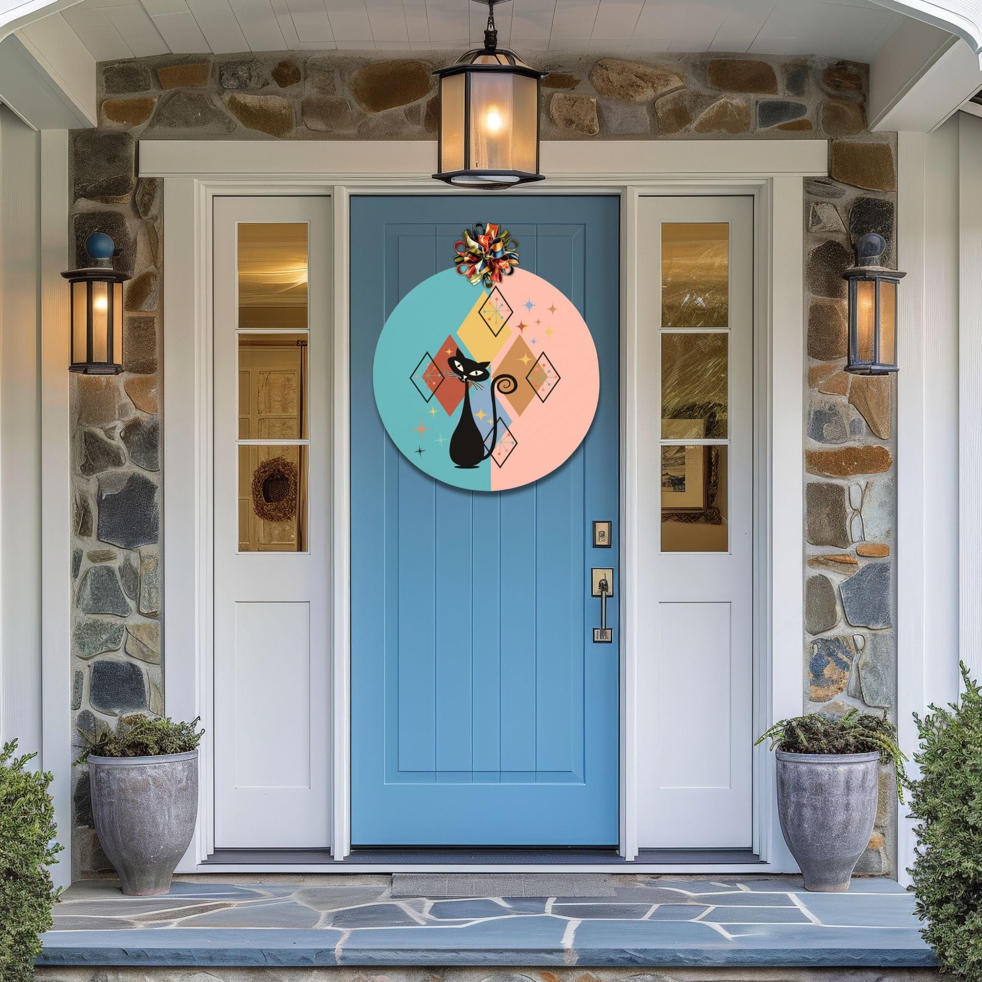 Kate McEnroe New York Mid Century Modern Atomic Cat Wood Sign, Retro Starburst Welcome Plaque 12" (Round)Door HangersPMH58 - 12.2460826