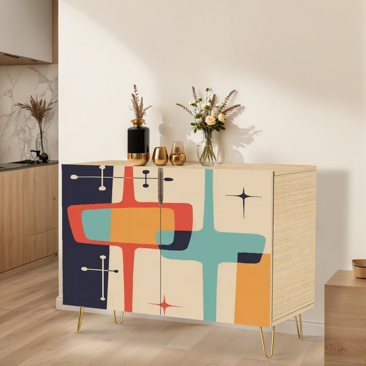 Kate McEnroe New York Mid Century Modern Atomic Credenza, Retro Geometric Starburst Storage Cabinet, 50s Abstract FurnitureStorage CabinetsvK9UlBUkfW