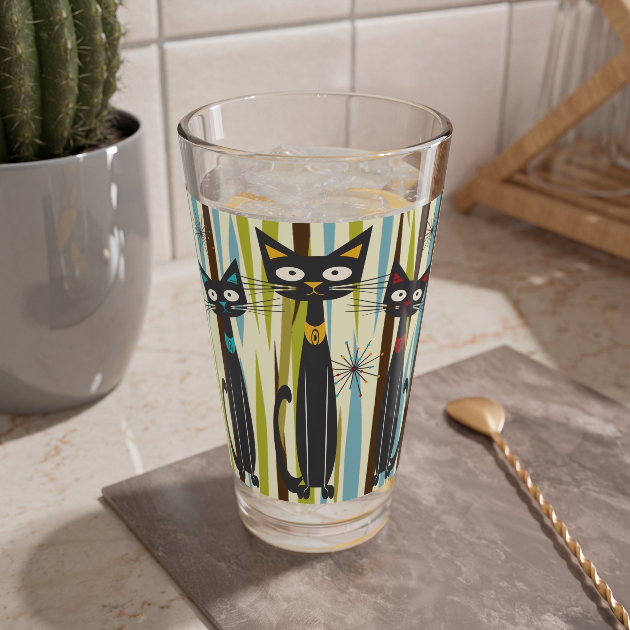 Kate McEnroe New York Mid Century Modern Atomic Kitschy Black Cats Pint Glass, 16oz Retro Geometric Cocktail Shaker, MCM Party DrinkwarePint Glasses27427854869449922644
