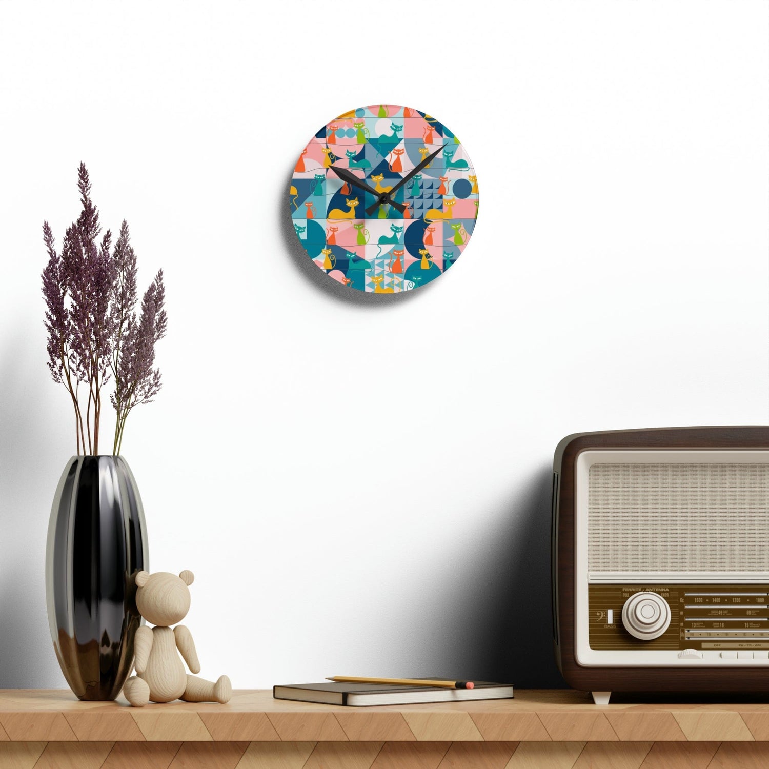 Kate McEnroe New York Mid Century Modern Atomic Kitties Acrylic Wall Clock, Retro MCM Living Room, Bedroom, Kids, Office Home Decor Wall Clocks 8&