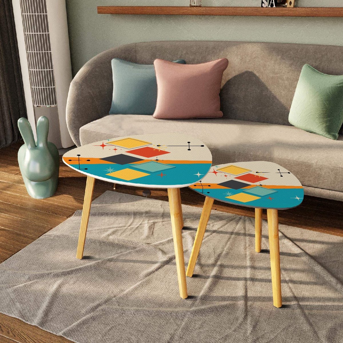 Kate McEnroe New York Mid Century Modern Atomic Nesting Tables, Retro Geometric Teal Orange Yellow Accent, 50s Space Age Coffee Table SetNesting TablesRMG53jHecl