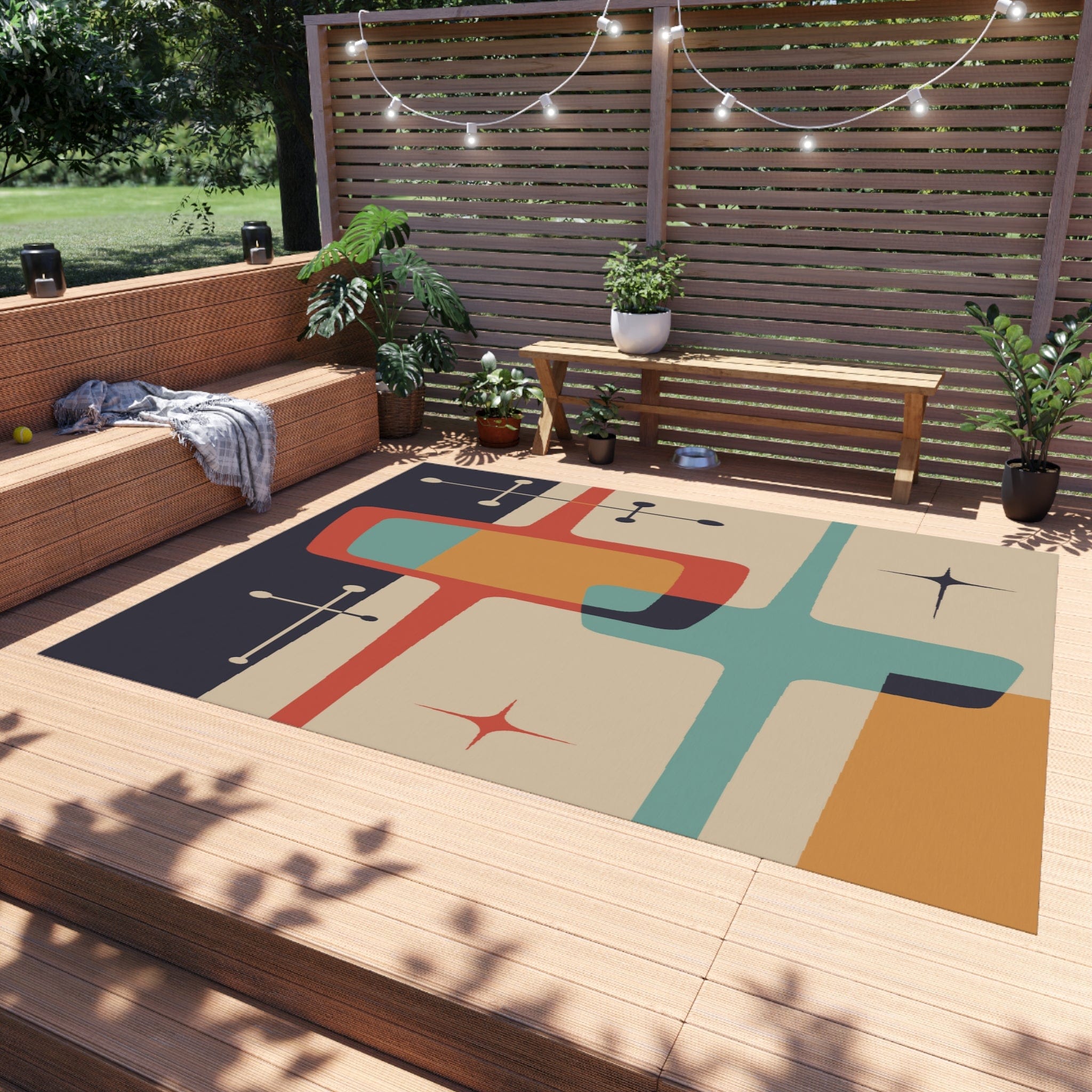 Kate McEnroe New York Mid Century Modern Atomic Starburst Indoor - Outdoor Rug, Beige, Teal, Geometric Abstract Porch Rug, Retro Patio Rug, MCM Home DecorRugs11903202464986607417