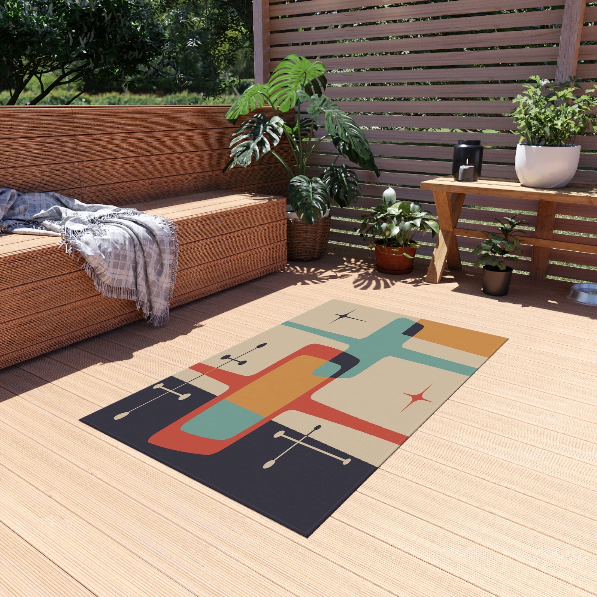 Kate McEnroe New York Mid Century Modern Atomic Starburst Indoor - Outdoor Rug, Beige, Teal, Geometric Abstract Porch Rug, Retro Patio Rug, MCM Home DecorRugs11903202464986607417
