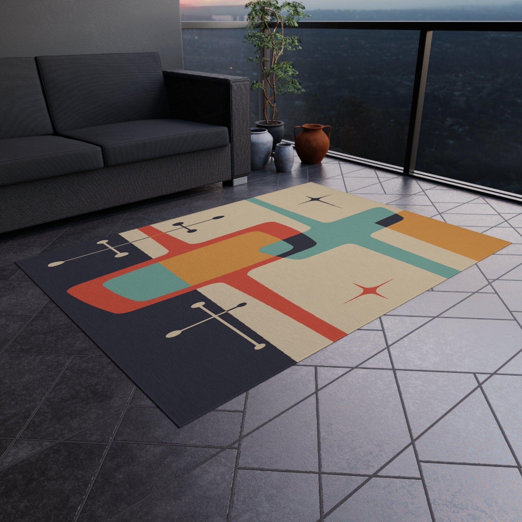 Kate McEnroe New York Mid Century Modern Atomic Starburst Indoor - Outdoor Rug, Beige, Teal, Geometric Abstract Porch Rug, Retro Patio Rug, MCM Home DecorRugs11903202464986607417