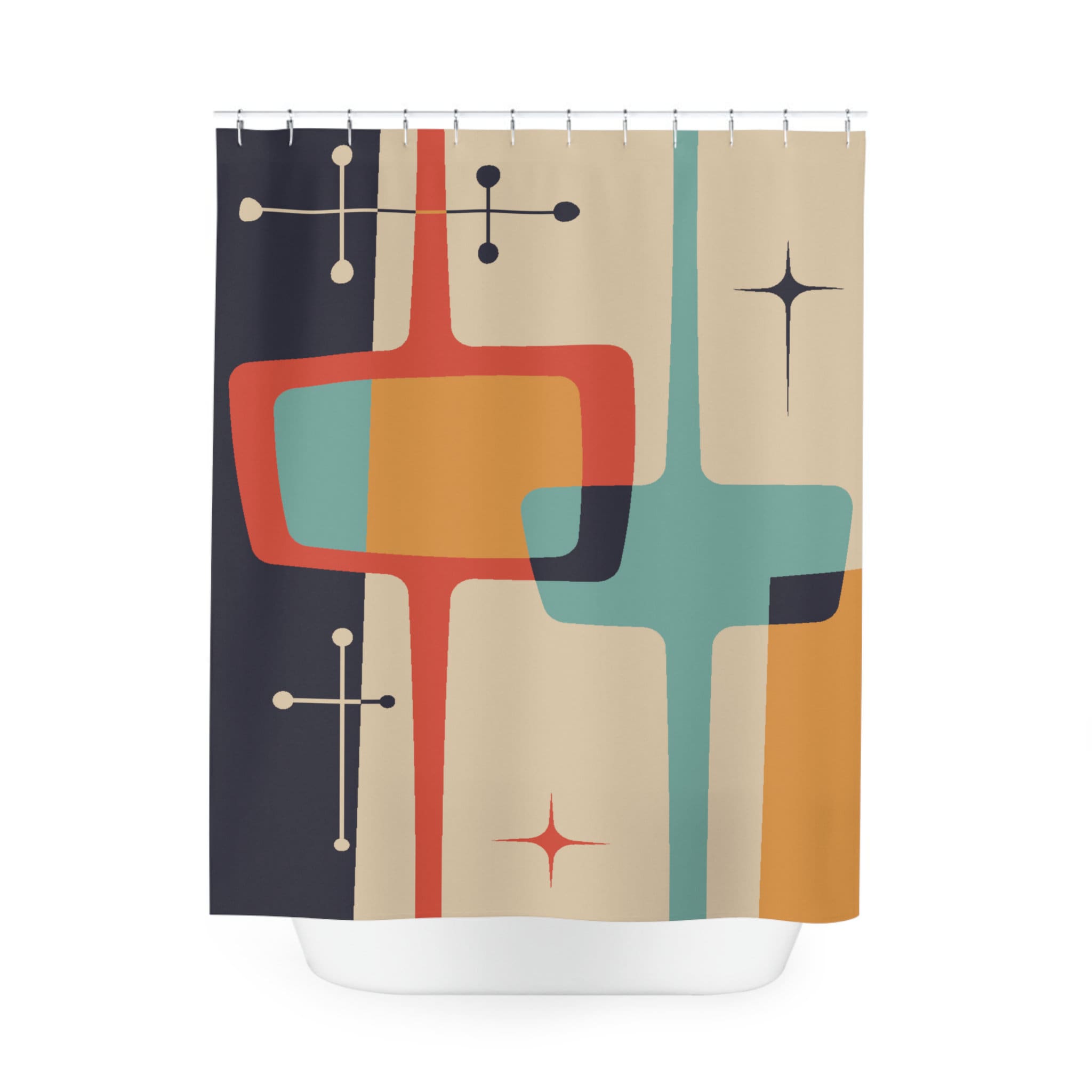Kate McEnroe New York Mid Century Modern Atomic Starburst Shower Curtains, Geometric Teal Blue, Mustard Yellow, Cream MCM Bath Curtains, Retro BathroomShower CurtainsSC - ATO - STA - 7X7