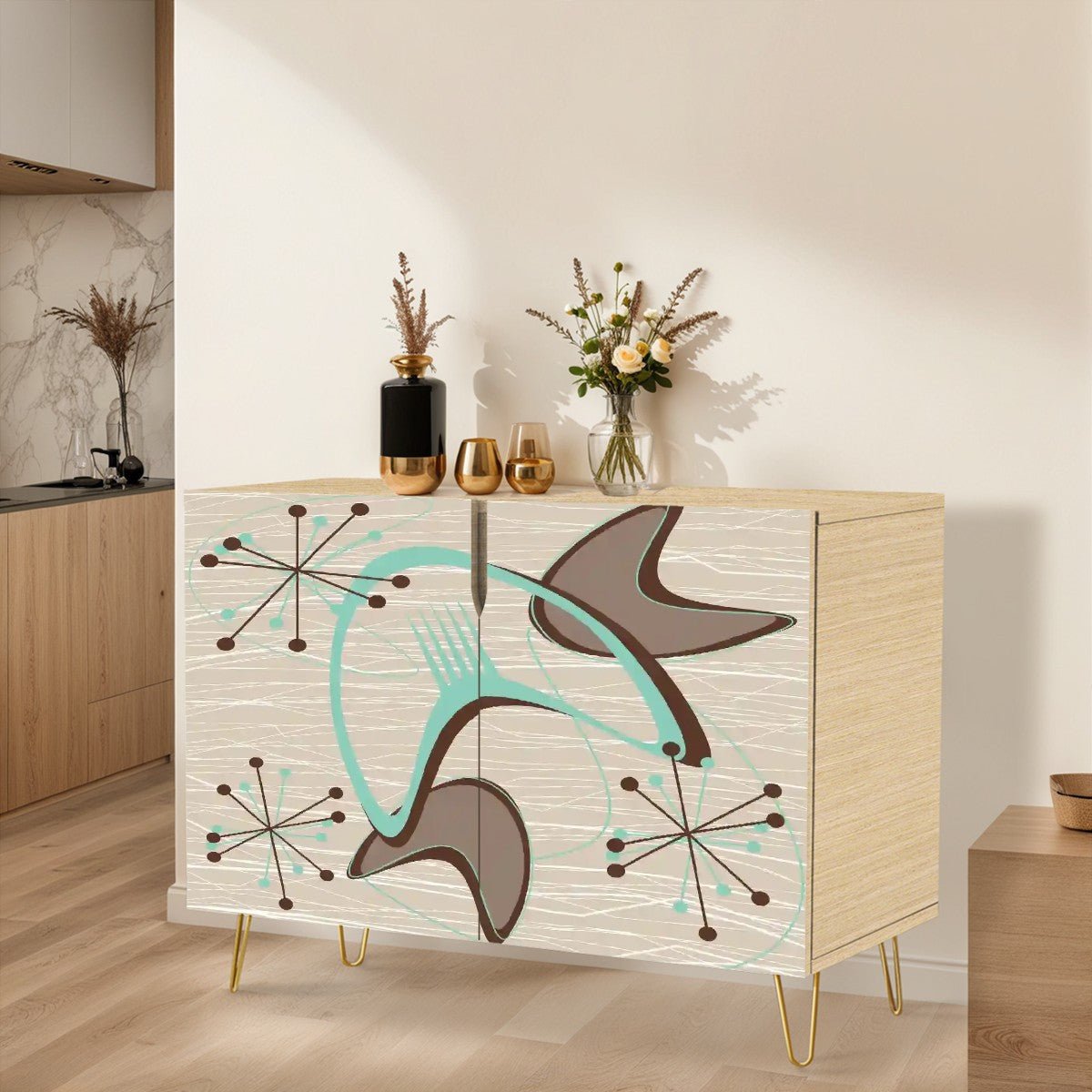 Kate McEnroe New York Mid Century Modern Boomerang Starburst Credenza, Retro 50s Space Age Storage CabinetStorage CabinetsT3iBFZP2ga