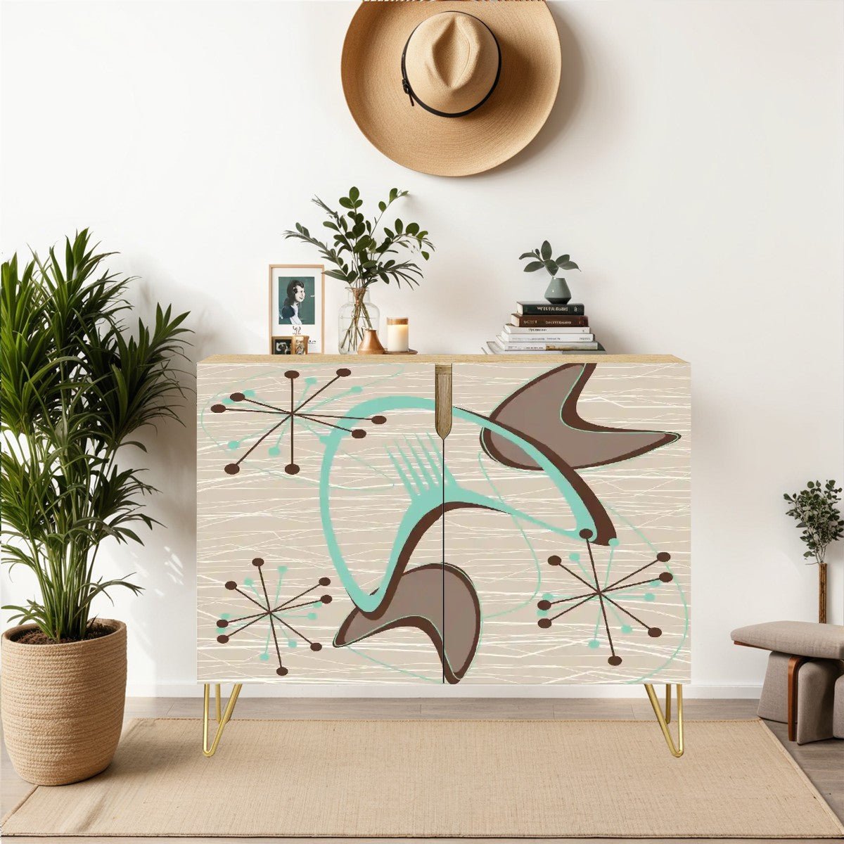 Kate McEnroe New York Mid Century Modern Boomerang Starburst Credenza, Retro 50s Space Age Storage CabinetStorage CabinetsT3iBFZP2ga