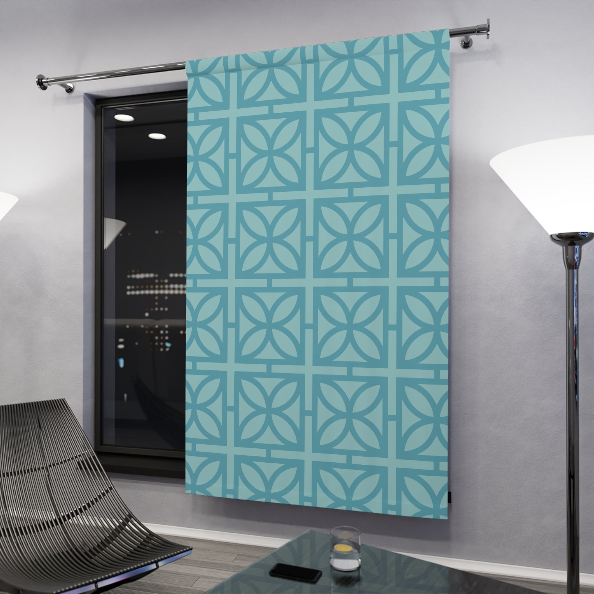 Kate McEnroe New York Mid Century Modern Breeze Block Blackout Curtains, Retro 50s Geometric Window Panels, MCM Aqua DrapesWindow Curtains30234083584318029599