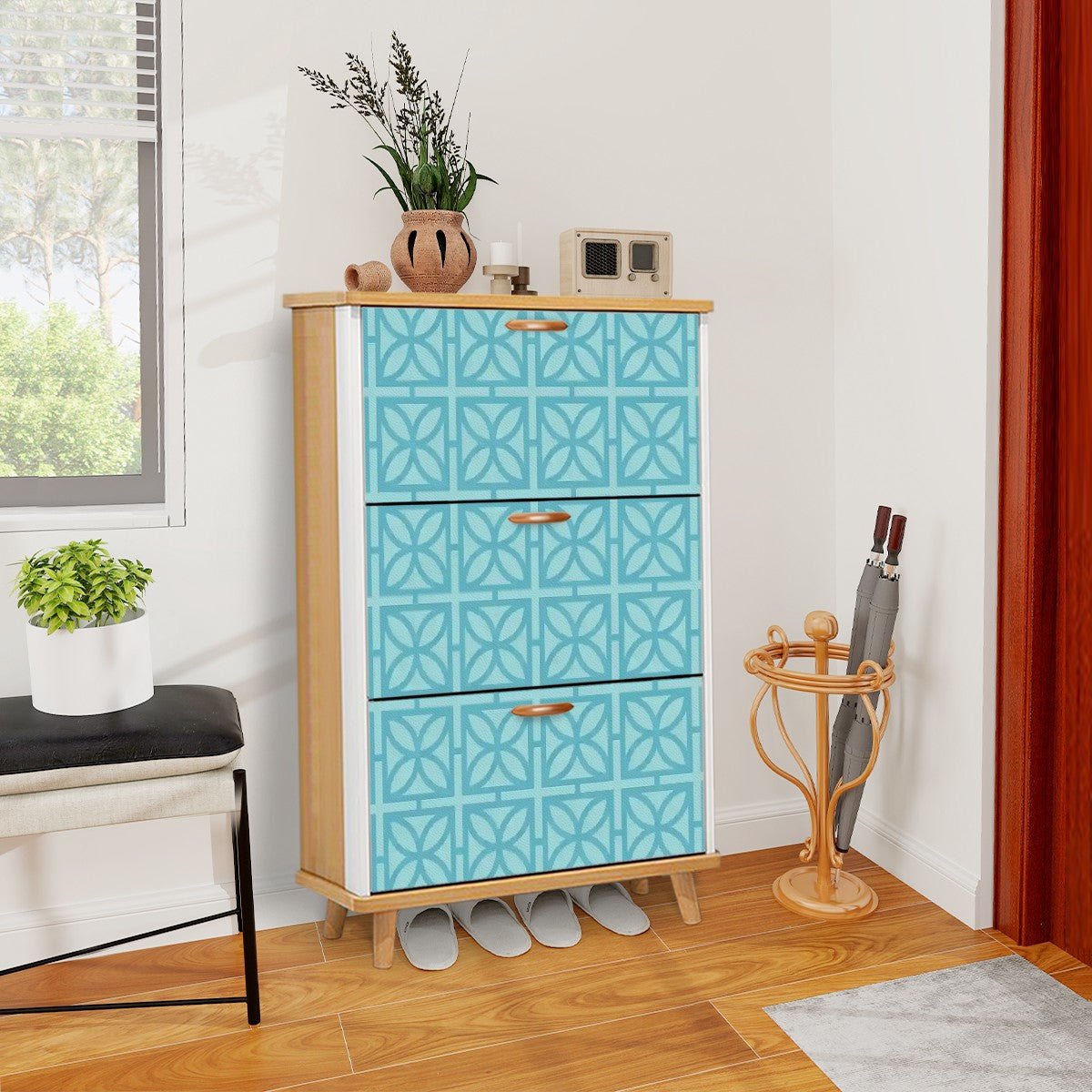 Kate McEnroe New York Mid Century Modern Breeze Block Shoe Cabinet, Retro Aqua Geometric Storage, MCM 3 - Tier OrganizerShoe StorageDhpYFi7aEr
