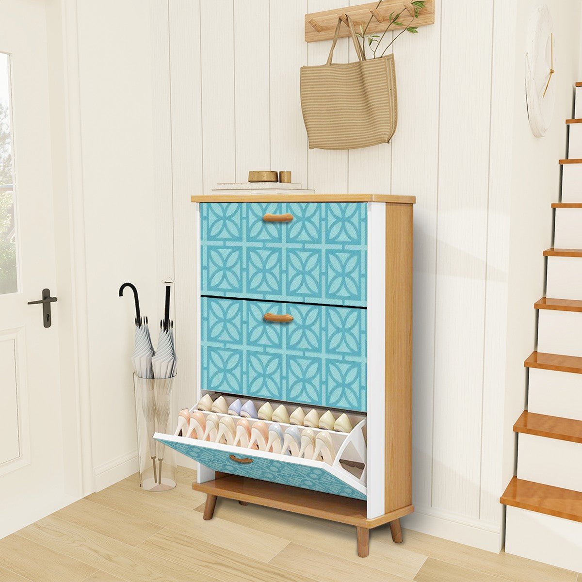 Kate McEnroe New York Mid Century Modern Breeze Block Shoe Cabinet, Retro Aqua Geometric Storage, MCM 3 - Tier OrganizerShoe StorageDhpYFi7aEr