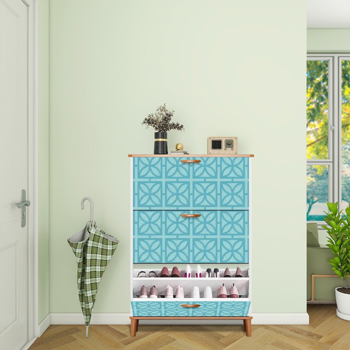 Kate McEnroe New York Mid Century Modern Breeze Block Shoe Cabinet, Retro Aqua Geometric Storage, MCM 3 - Tier OrganizerShoe StorageDhpYFi7aEr