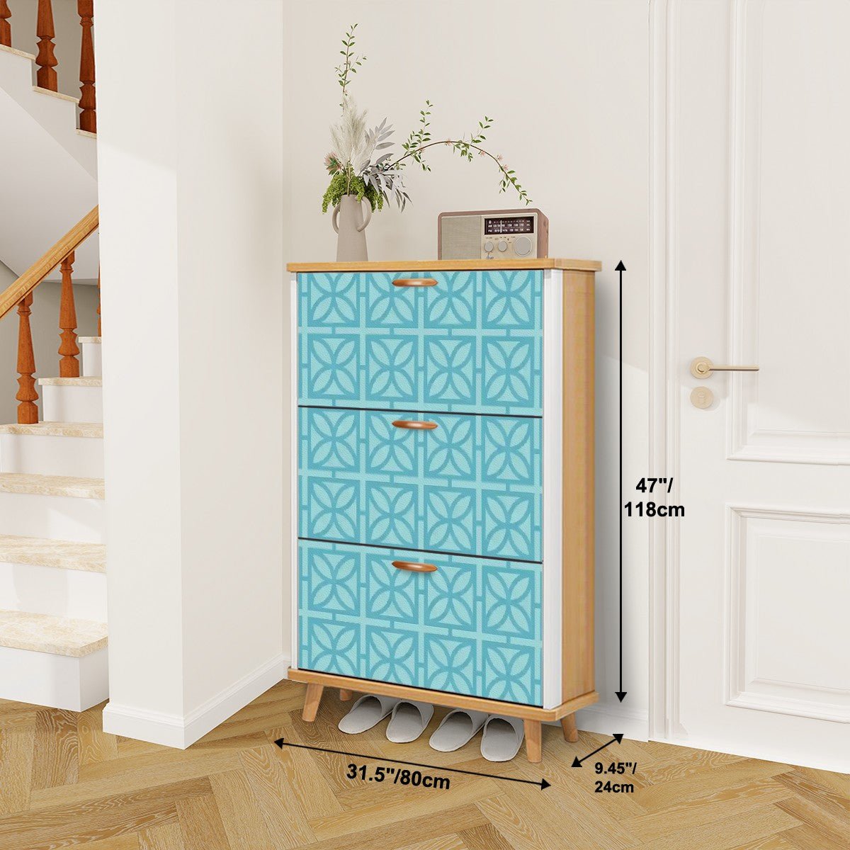 Kate McEnroe New York Mid Century Modern Breeze Block Shoe Cabinet, Retro Aqua Geometric Storage, MCM 3 - Tier OrganizerShoe StorageDhpYFi7aEr