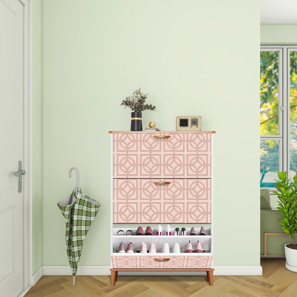 Kate McEnroe New York Mid Century Modern Breeze Block Shoe Cabinet, Retro Blush Geometric Storage, MCM 3 - Tier OrganizerShoe StorageMuF2Mf8H4A