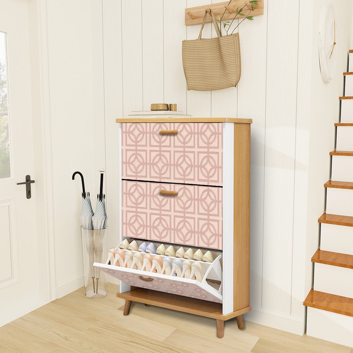 Kate McEnroe New York Mid Century Modern Breeze Block Shoe Cabinet, Retro Blush Geometric Storage, MCM 3 - Tier OrganizerShoe StorageMuF2Mf8H4A