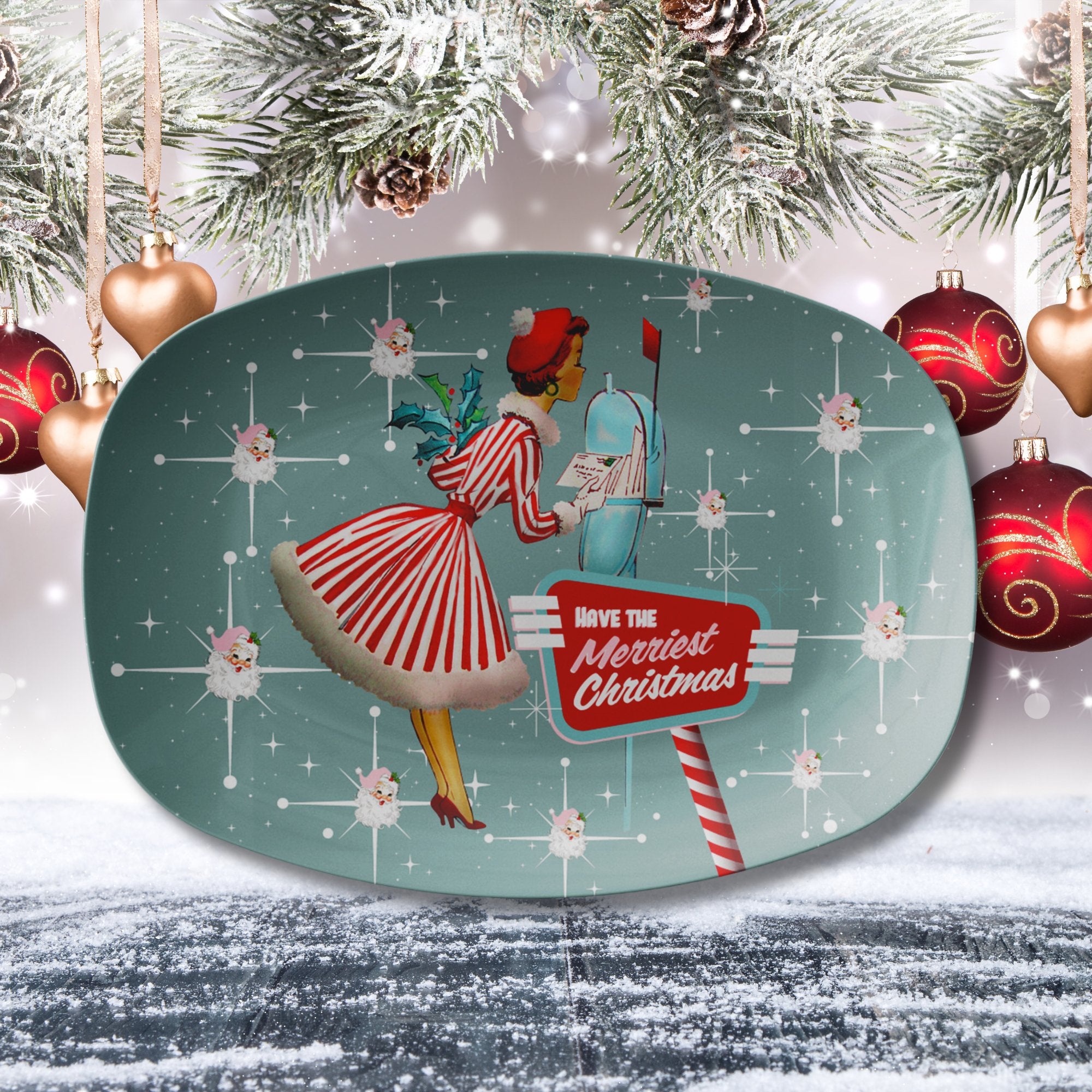 Kate McEnroe New York Mid Century Modern Christmas Platter, Retro Kitsch Atomic Holiday Tray, Vintage Santa Starburst Serving DishServing PlattersP23 - SHD - GRN - 2