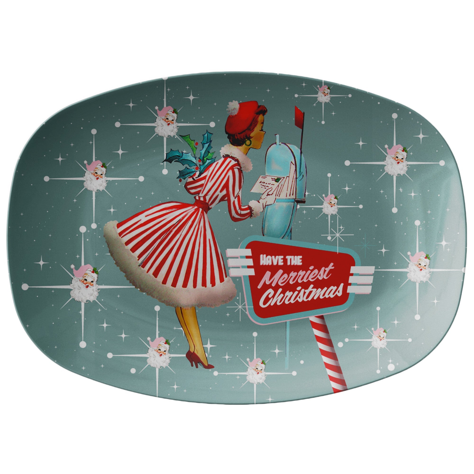Kate McEnroe New York Mid Century Modern Christmas Platter, Retro Kitsch Atomic Holiday Tray, Vintage Santa Starburst Serving DishServing PlattersP23 - SHD - GRN - 2