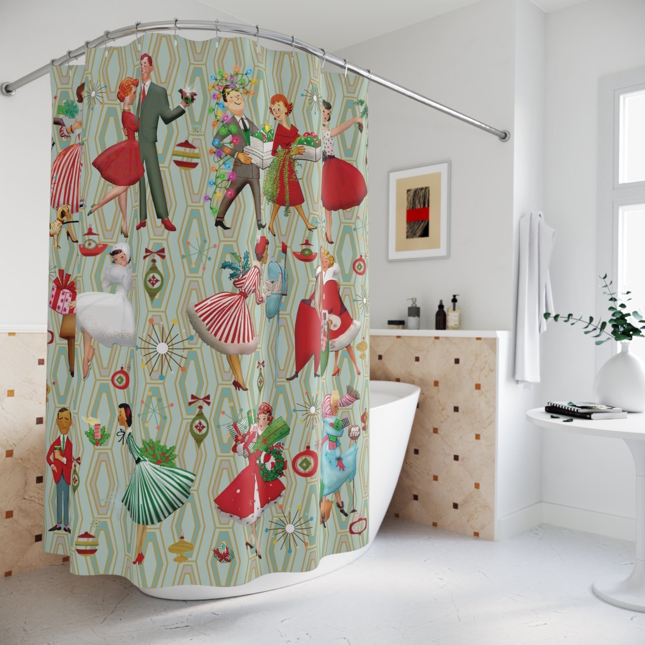 Kate McEnroe New York Mid Century Modern Christmas Shower Curtain, Retro Vintage 50s Holiday Bath DecorShower Curtains13307444863591581613