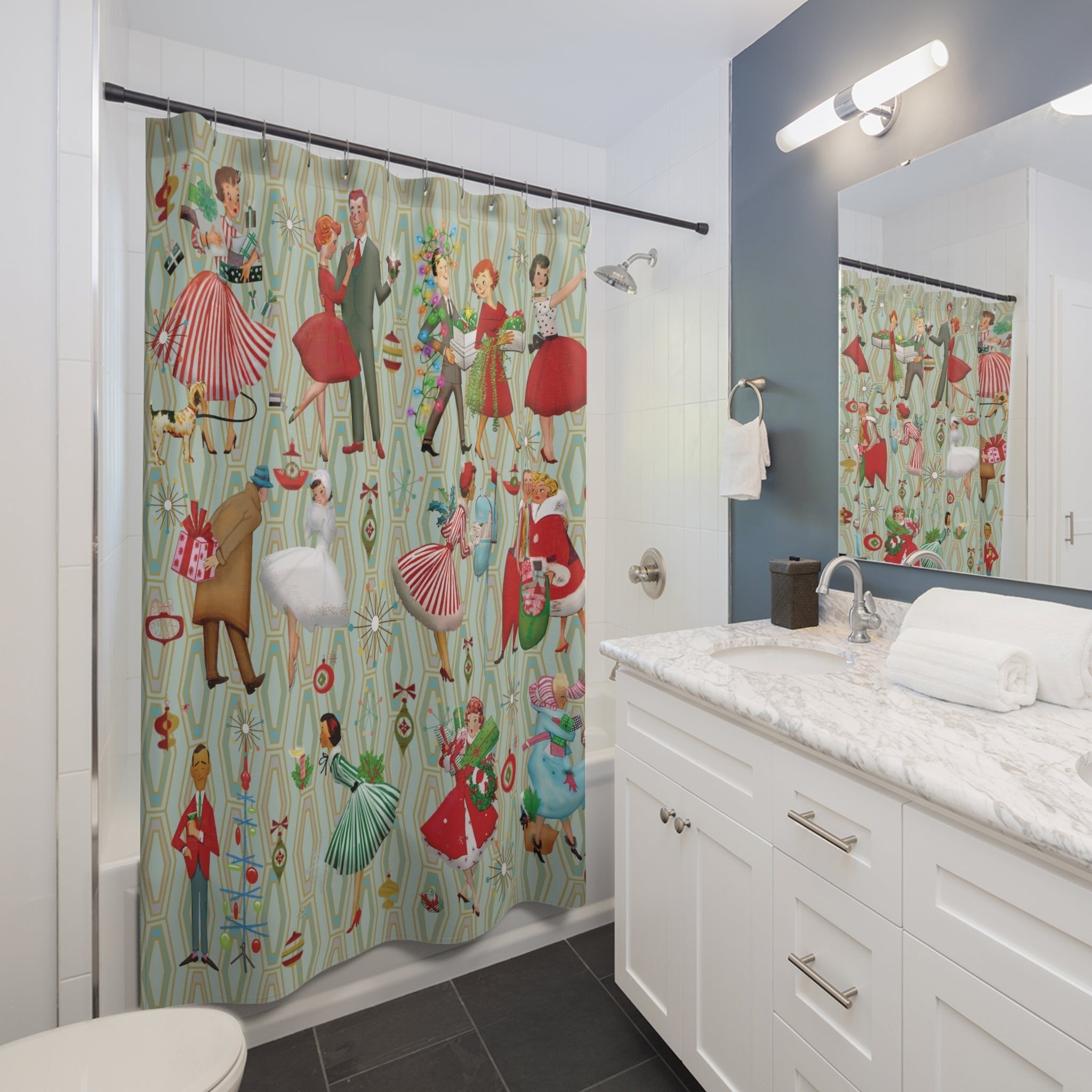 Kate McEnroe New York Mid Century Modern Christmas Shower Curtain, Retro Vintage 50s Holiday Bath DecorShower Curtains13307444863591581613
