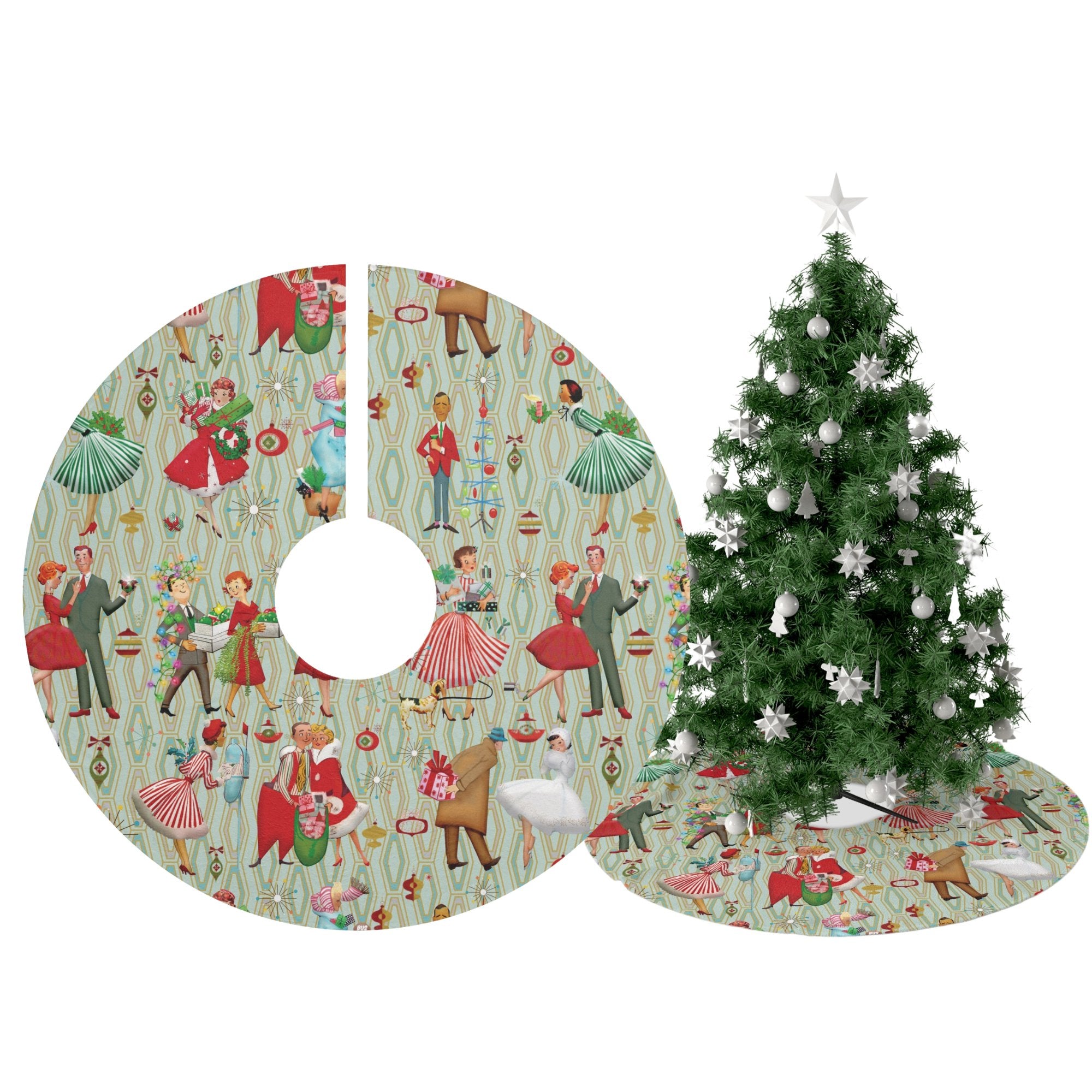 Kate McEnroe New York Mid Century Modern Christmas Tree Skirt, 1950s Housewives and Couples Holiday Decor, Retro Kitsch Vintage Xmas Card - Inspired ArtChristmas Tree Skirts23162005756065879182