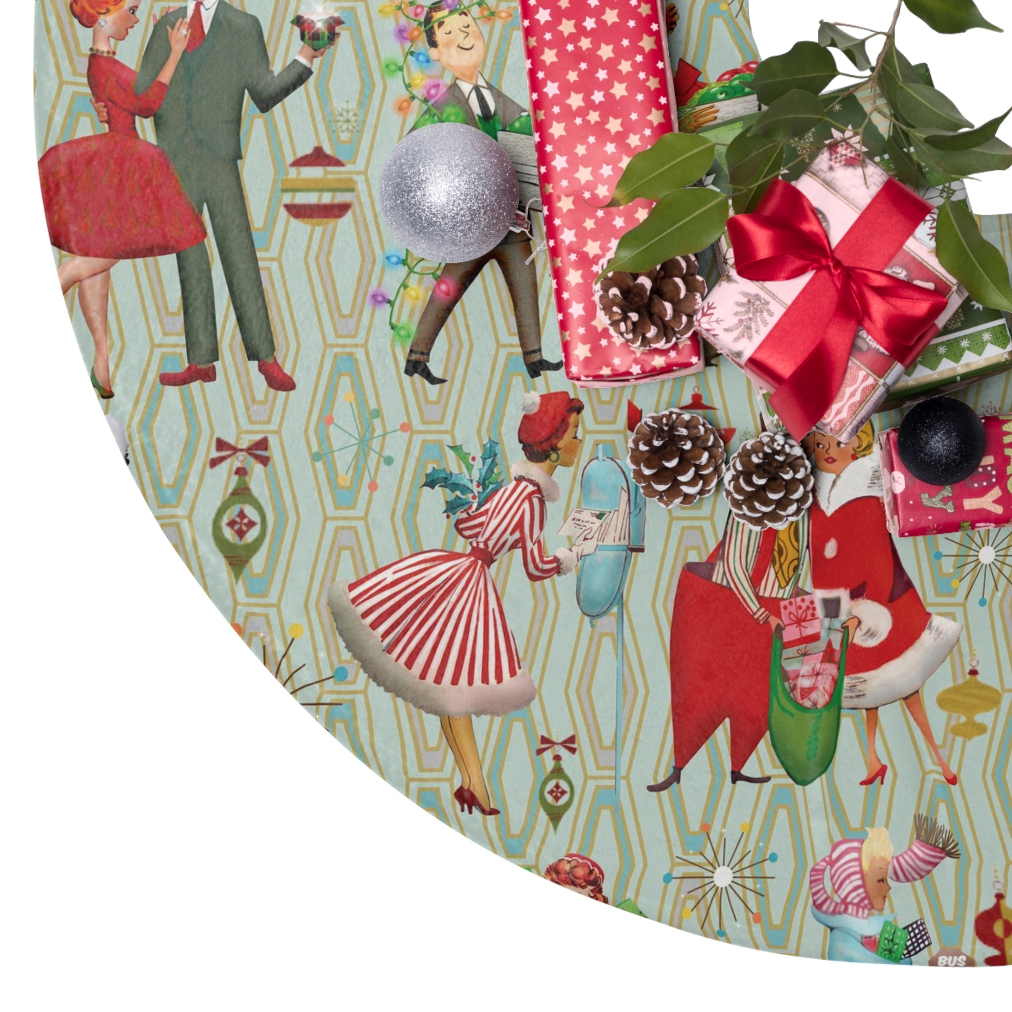 Kate McEnroe New York Mid Century Modern Christmas Tree Skirt, 1950s Housewives and Couples Holiday Decor, Retro Kitsch Vintage Xmas Card - Inspired ArtChristmas Tree Skirts23162005756065879182