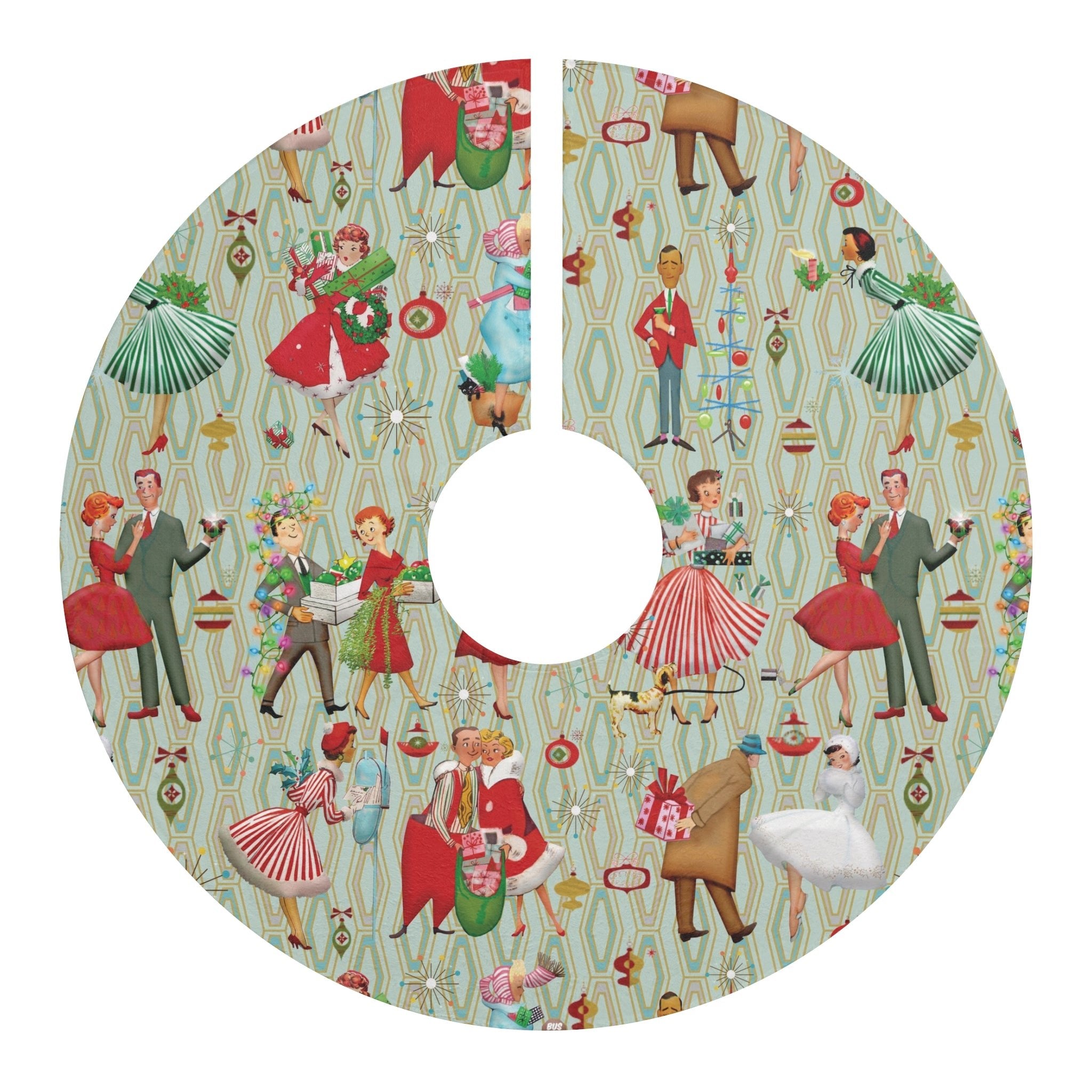 Kate McEnroe New York Mid Century Modern Christmas Tree Skirt, 1950s Housewives and Couples Holiday Decor, Retro Kitsch Vintage Xmas Card - Inspired ArtChristmas Tree Skirts23162005756065879182