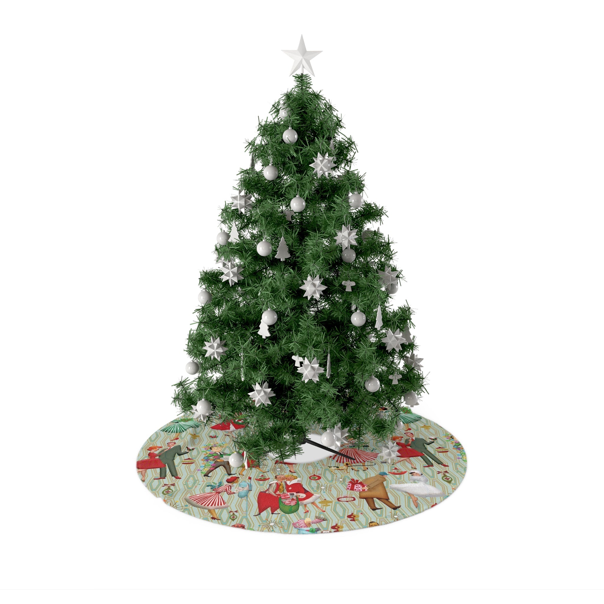 Kate McEnroe New York Mid Century Modern Christmas Tree Skirt, 1950s Housewives and Couples Holiday Decor, Retro Kitsch Vintage Xmas Card - Inspired ArtChristmas Tree Skirts23162005756065879182