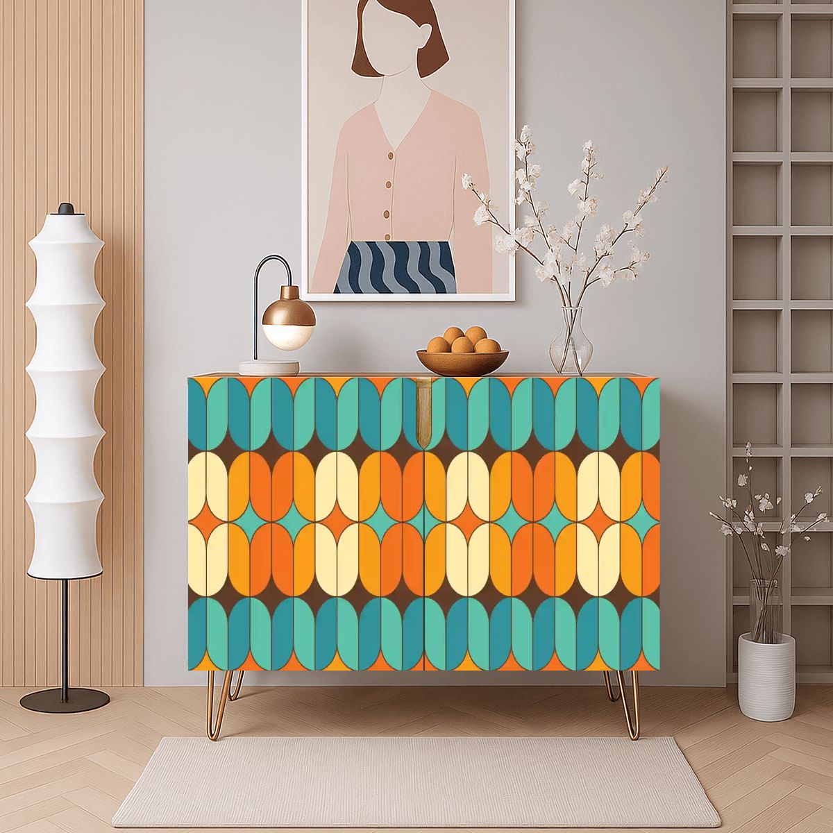 Kate McEnroe New York Mid Century Modern Credenza, Retro 70s Geometric Cabinet, Teal Orange StorageStorage CabinetsyEdzs89llI