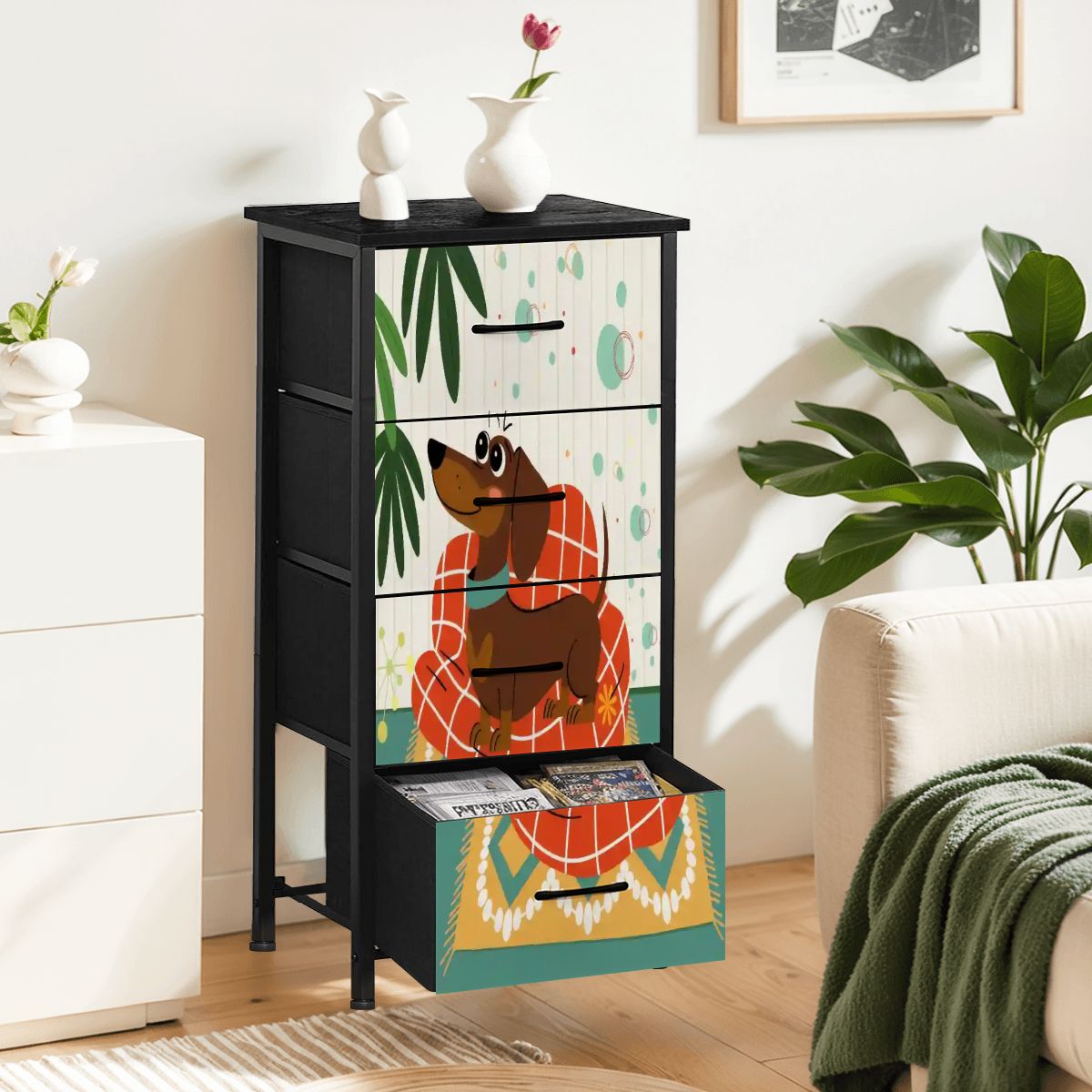 mid century boho dresser SICOTAS 56.88" Wide 7 Drawer Tall Dressers, Boho Dresser with Oversized Storage Space Rattan Dressers & Chests of Drawer Engineered Wooden Dressers